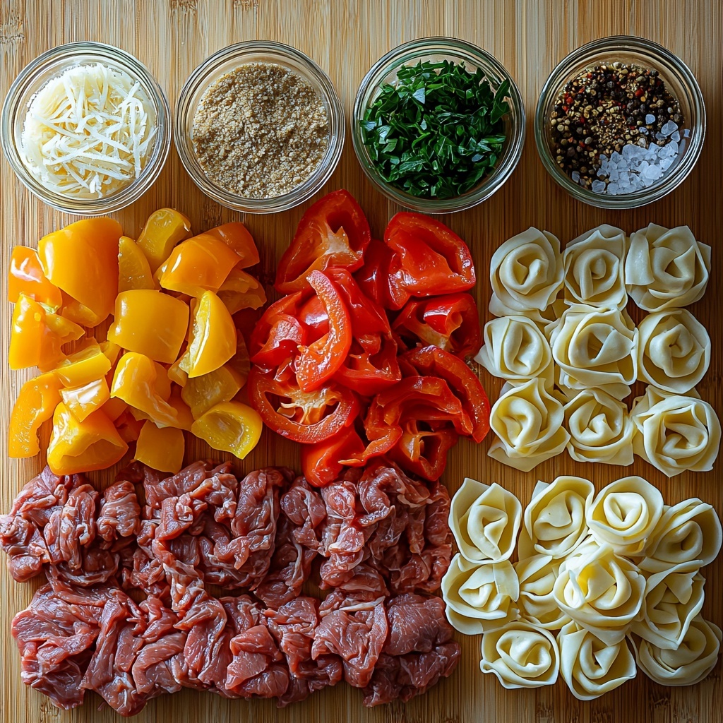 A clean, light-colored wooden surface featuring a neatly arranged flat lay of ingredients for Crock Pot Cheesesteak Tortellini: a one-pound mound of raw ground beef with a rich red color and marbled texture, a vibrant trio of bell peppers—red, green, and yellow—thinly sliced into strips showing their glossy, crisp interiors, a medium yellow onion sliced into delicate rings with translucent layers, a heap of creamy white and golden shredded provolone and mozzarella cheese with a soft, stringy texture, a smooth creamy can of mushroom soup with a subtle beige tone in an open bowl, a clear glass cup filled with deep brown beef broth, small bowls containing finely ground garlic powder, onion powder, coarse salt, and cracked black pepper arranged symmetrically, optional red pepper flakes offering a hint of fiery red, and a handful of fresh bright green parsley leaves scattered for garnish. The ingredients are spaced evenly with clean edges, showcasing contrasting colors and textures, styled with soft natural lighting casting gentle shadows, minimal props, and a crisp, modern aesthetic. overhead shot, top down view, flat lay photography, professional food styling --ar 1:1 --q 2 --s 750 --v 6.1
