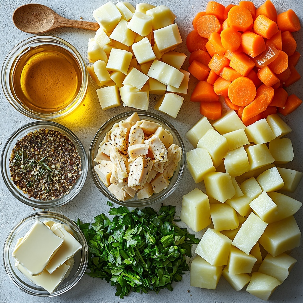 A clean, bright white surface featuring a neatly arranged flat lay of the main ingredients for rotisserie chicken noodle soup: a small glass bowl of golden olive oil, a pat of creamy unsalted butter on a white ceramic dish, a medium onion finely diced into small white and purple-tinted cubes, two bright orange carrots diced into uniform pieces, two pale green celery stalks finely diced, three cloves of garlic minced finely with visible texture, a small pile of fresh green thyme leaves finely chopped, a single dried bay leaf with smooth matte texture, a small heap of coarse white kosher salt crystals, a clear glass bowl filled with rich amber chicken broth, a mound of peeled Yukon gold potatoes diced into half-inch cubes with smooth yellow surfaces, a small pile of uncooked wide egg noodles off-white and slightly curled, a generous portion of shredded rotisserie chicken with warm beige and white tones, skin removed for a clean look, and a sprinkle of finely chopped bright green parsley for garnish. The ingredients are spaced evenly with natural shadows, styled with minimalist rustic props like a linen napkin and wooden spoon nearby, all captured in a harmonious color palette of warm yellows, greens, and neutral tones. The lighting is soft and natural, highlighting textures and freshness. overhead shot, top down view, flat lay photography, professional food styling --ar 1:1 --q 2 --s 750 --v 6.1