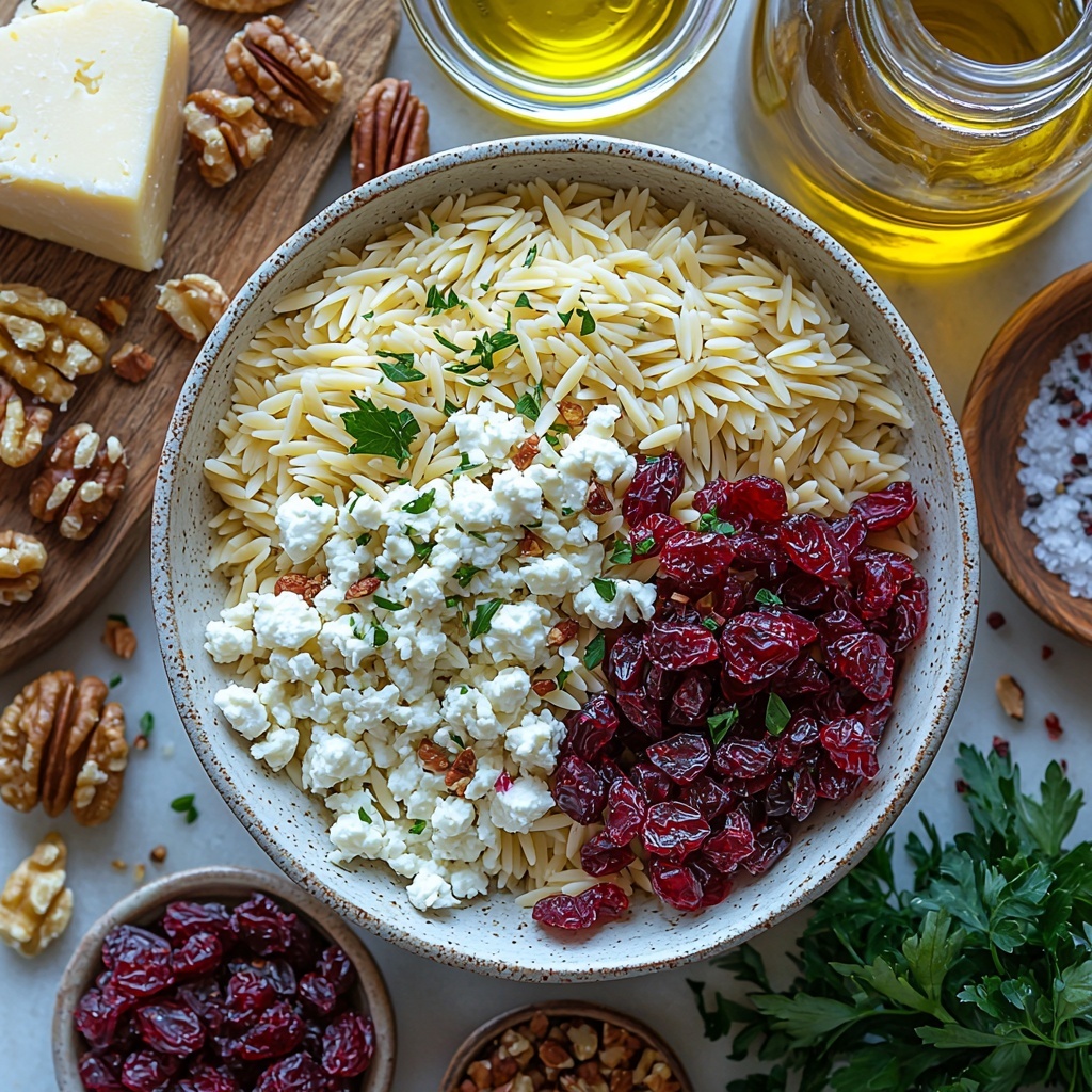 dry orzo pasta in a small white bowl, golden olive oil in a glass jar with a wooden spoon, vibrant red dried cranberries scattered nearby, crumbled creamy white goat cheese on a rustic wooden board, finely chopped bright purple-red onion arranged neatly on a ceramic plate, a small heap of chopped walnuts and pecans with warm brown tones, fresh green parsley leaves sprinkled artfully around, a small glass bowl of pale yellow lemon juice, a clear bottle of apple cider vinegar with amber liquid, coarse salt crystals and cracked black peppercorns in tiny dishes, all ingredients arranged on a clean, light marble surface with soft natural lighting enhancing textures and colors, subtle shadows for depth, minimalist styling with negative space for balance, overhead shot, top down view, flat lay photography, professional food styling --ar 1:1 --q 2 --s 750 --v 6.1