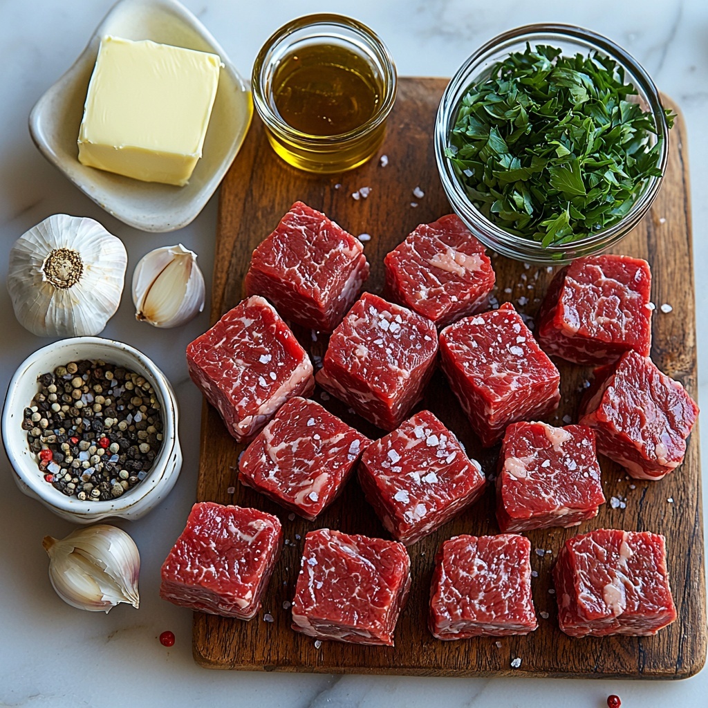 A flat lay of the main ingredients for garlic butter steak bites arranged neatly on a clean white marble surface: cubed sirloin steak with deep red hues and visible marbling laid out on a small rustic wooden board; a small white bowl with coarse sea salt and cracked black pepper next to it; a small glass dish of golden olive oil shimmering under soft light; a rich block and melting pat of creamy unsalted butter on a square butter dish; four cloves of garlic, two whole and two minced, showcasing papery white skins and fresh moist texture; a small ramekin of bright green freshly chopped parsley leaves; a tiny bowl with dark reddish-brown Worcestershire sauce glistening softly; a pinch of vibrant red pepper flakes sprinkled delicately on a clean surface for contrast. Natural daylight gently illuminates the scene, casting soft shadows and highlighting textures—the glossy steak cubes, creamy butter, rough salt crystals, and delicate garlic pieces. The ingredients are spaced with elegant minimalism, guiding the eye across the composition. Overhead shot, top down view, flat lay photography, professional food styling --ar 1:1 --q 2 --s 750 --v 6.1
