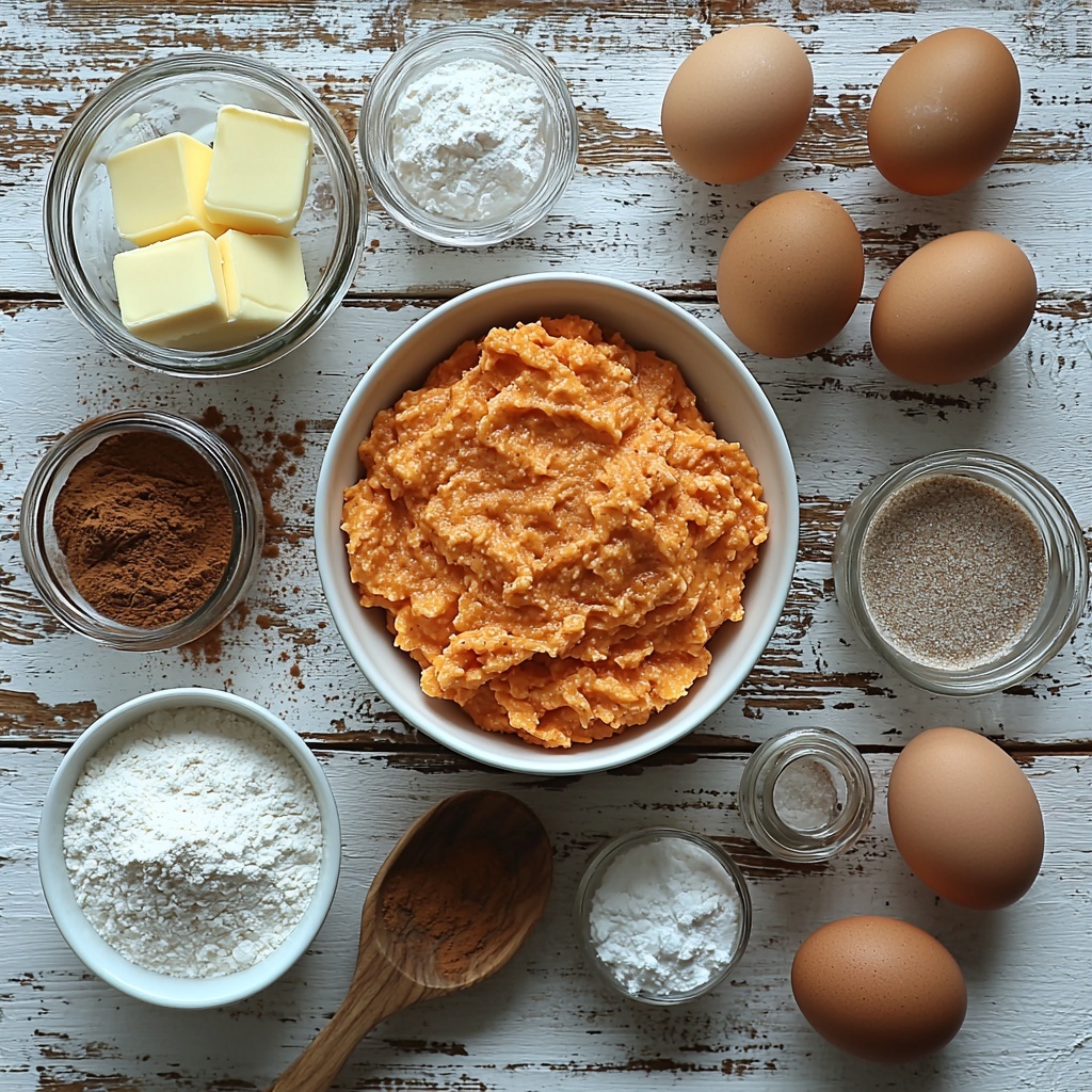 A clean, minimalist white wooden surface neatly arranged with the main ingredients for pumpkin snickerdoodle cookies: a bowl of soft, creamy unsalted butter in pale yellow; a small rustic bowl of dark, richly packed brown sugar; a glass jar of white granulated sugar sparkling under soft light; a small dish with vibrant orange 100% pumpkin puree showing its smooth, thick texture; two large brown eggs resting side by side with smooth shells; a small glass bowl of vanilla bean paste speckled with tiny black flecks; a white ceramic bowl filled with sifted all-purpose flour, fluffy and light; a vintage box of instant vanilla pudding mix partially opened, revealing fine pale powder; a small heap of powdered milk, soft and snowy white; a wooden spoon resting on a small pile of pumpkin pie spice, warm golden-brown with hints of orange and rust; a small bowl of ground cinnamon, deep reddish-brown powder; tiny bowls holding cream of tartar and baking soda, fine white powders with delicate textures; a few tablespoons of granulated sugar mixed with ground cinnamon and pumpkin pie spice in a small glass bowl, the cinnamon sugar mixture showing light brown specks; all ingredients spaced evenly yet close enough to create a harmonious ensemble, styled with natural light casting soft shadows, subtle warm tones enhancing the autumnal color palette, shot from directly above to highlight texture contrasts and ingredient variety, clean and inviting, perfect for a cozy fall baking scene, overhead shot, top down view, flat lay photography, professional food styling --ar 1:1 --q 2 --s 750 --v 6.1