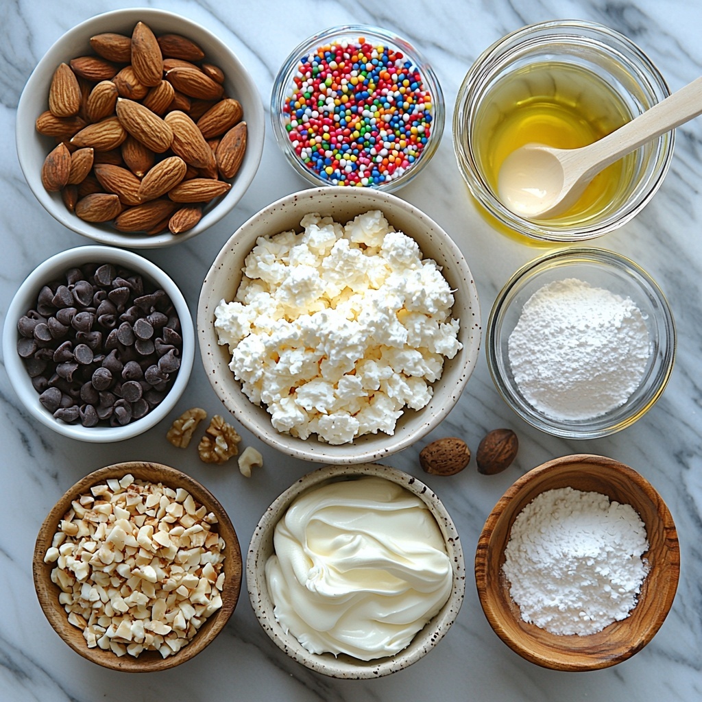 Softened cream cheese in a small ceramic bowl, smooth and creamy texture; a neat heap of powdered sugar in a white porcelain dish, bright white and powdery; a small glass bowl of pale golden vanilla extract with reflective surface; sour cream in a clear glass ramekin, thick and glossy white; a small measuring cup filled with heavy cream, silky and slightly translucent; a rustic ceramic bowl overflowing with a mix of milk, dark, and white chocolate chips, shiny and varied in shades of brown and ivory; a small glass container of clear coconut oil, smooth and glossy; a small mound of crushed graham crackers with coarse, crumbly texture, golden brown; colorful round sprinkles scattered in a glass jar, vivid reds, blues, yellows, and greens; chopped nuts (almonds and walnuts) in a wooden bowl, rough texture and warm earthy tones; a neat bundle of white lollipop sticks tied with a thin twine, matte finish; all ingredients meticulously arranged on a clean white marble surface with natural diffused sunlight casting soft shadows, minimalist styling with subtle props like small wooden spoons and linen napkins, textures and colors contrasting beautifully to emphasize each component's uniqueness, fresh and inviting atmosphere. overhead shot, top down view, flat lay photography, professional food styling --ar 1:1 --q 2 --s 750 --v 6.1
