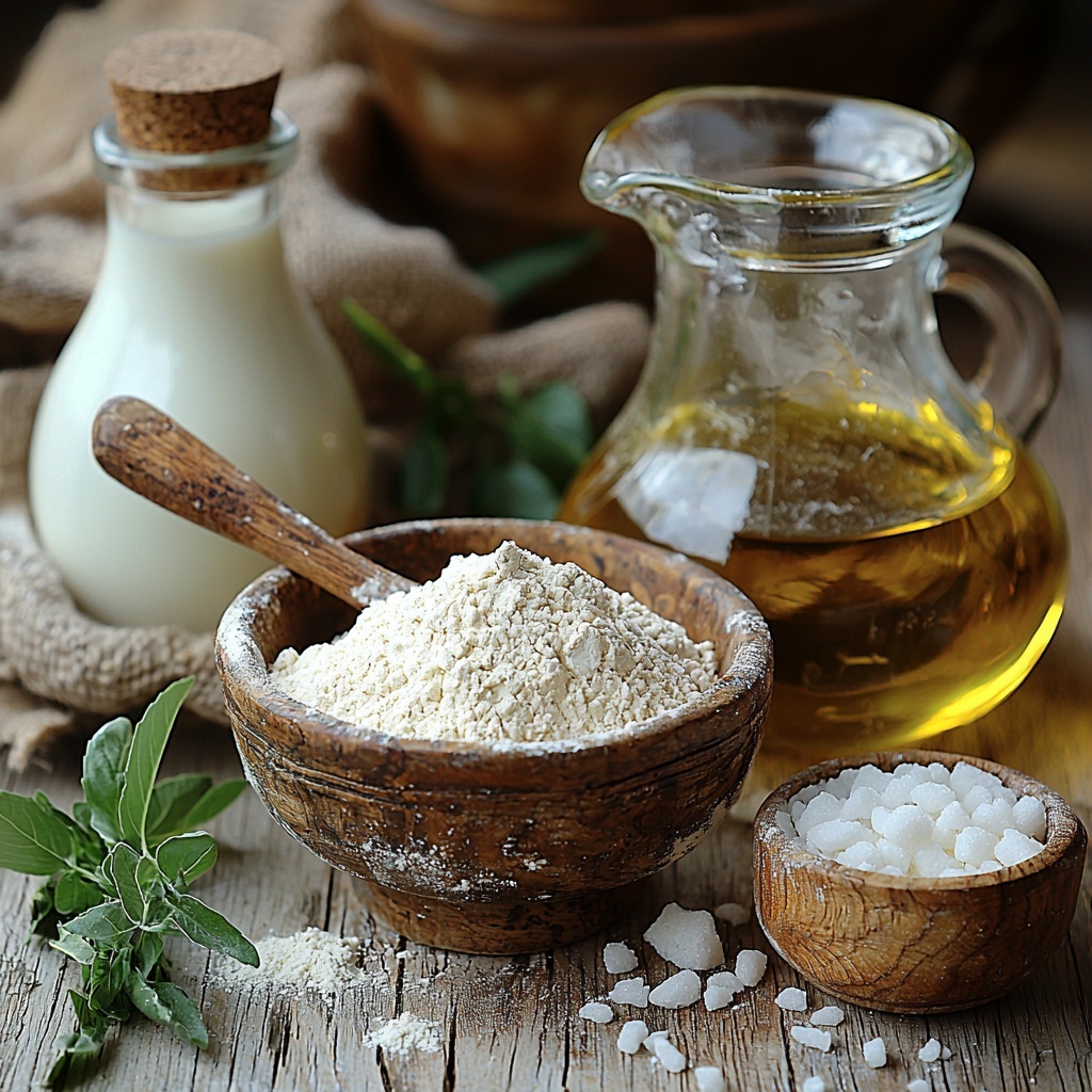 flour in a small rustic ceramic bowl with a wooden spoon dusted with flour, a glass measuring cup filled with warm water slightly steaming, a vintage milk jug pouring creamy whole milk, a small white bowl of granulated sugar, a tiny glass jar of active dry yeast with some crystals spilled artfully on the surface, a clear glass bottle of golden olive oil with light reflecting off its smooth surface, a small pile of fine sea salt crystals on a white ceramic dish; all ingredients arranged neatly on a clean, light wooden surface with soft natural daylight highlighting the varied textures—from powdery flour to glistening oil—with subtle shadows for depth; minimalistic styling with a linen kitchen towel and a sprig of fresh oregano nearby for a touch of green warmth — overhead shot, top down view, flat lay photography, professional food styling --ar 1:1 --q 2 --s 750 --v 6.1