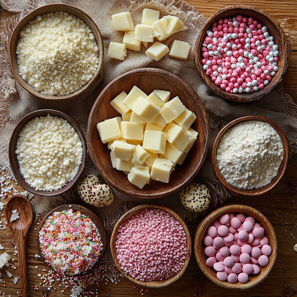 Butter (half cup, pale yellow, smooth block), brown sugar (half cup, coarse, rich amber crystals in a small rustic bowl), white granulated sugar (quarter cup, fine white grains in a glass measuring cup), large egg (whole, smooth brown shell), vanilla extract (small clear glass bottle with dark amber liquid), all-purpose flour (one cup plus two tablespoons, soft white powder loosely mounded on linen cloth), baking soda (half teaspoon, fine white powder in teaspoon), salt (quarter to half teaspoon, fine white crystals in a tiny ceramic dish), white chocolate chips (one cup, creamy white, scattered elegantly or in a small bowl), pink jimmies sprinkles (vibrant pink, tiny cylindrical shapes in a small clear bowl), Valentine’s Day M&M’s (optional, colorful candy-coated chocolate pieces with red, pink, and white hues spilling gently from a festive small bowl).
All ingredients are thoughtfully arranged on a clean, light wooden surface with soft natural light casting gentle shadows; rustic linen napkins and a wooden spoon add warmth and texture; contrasting colors and varied textures create visual interest and invite engagement. Overhead shot, top down view, flat lay photography, professional food styling --ar 1:1 --q 2 --s 750 --v 6.1