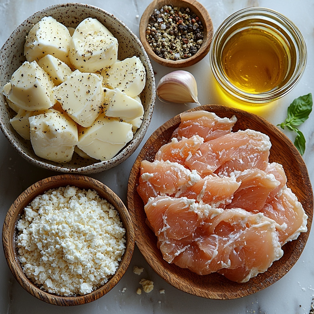 4 boneless skinless chicken breasts raw with smooth pale pink skin, a small white bowl of golden brown bread crumbs with a coarse texture, a rustic bowl filled with finely grated pale yellow Parmesan cheese, another bowl holding fluffy shredded white mozzarella cheese, a shallow dish with fine white all-purpose flour, a glass bowl with two large cracked eggs bright yellow yolks visible, a small clear bowl of creamy white milk, two garlic cloves minced into tiny white pieces on a wooden spoon, a heap of dried Italian seasoning with green and brown herb flakes, scattered salt crystals and black peppercorns near a wooden spoon, a small glass container of golden olive oil with a shiny surface — all ingredients carefully spaced and neatly arranged on a bright white clean surface, vibrant natural lighting highlighting textures and colors, soft shadows for depth, minimalistic and clean composition emphasizing freshness, overhead shot, top down view, flat lay photography, professional food styling --ar 1:1 --q 2 --s 750 --v 6.1