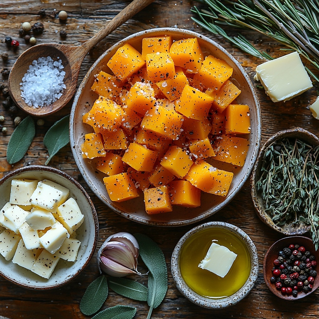 extra virgin olive oil in a small glass jar with golden green hues, vibrant orange cubed butternut squash neatly piled in a small bowl, whole peeled garlic cloves scattered loosely showing smooth white and slightly roasted brown tones, fresh thyme and rosemary sprigs with deep green leaves artfully placed alongside a small wooden spoon holding crushed red pepper flakes in bright red, coarse kosher salt and cracked black peppercorns in tiny white and black piles, thin delicate slices of rosy pink prosciutto fanned out on a rustic white ceramic plate, a small ramekin filled with creamy white ricotta cheese, uncooked long or short cut pasta arranged in a neat bundle showing pale golden texture, a vintage silver tablespoon holding golden melted butter next to fresh chopped sage leaves in vibrant green, shredded gouda cheese with soft pale yellow curls and grated parmesan cheese fine textured and off-white sprinkled lightly on a small dish; all ingredients carefully spaced on a clean light wooden surface with soft natural daylight casting gentle shadows, styled with minimal props to emphasize fresh textures and vibrant colors, creating a warm and rustic yet elegant mood -- overhead shot, top down view, flat lay photography, professional food styling --ar 1:1 --q 2 --s 750 --v 6.1