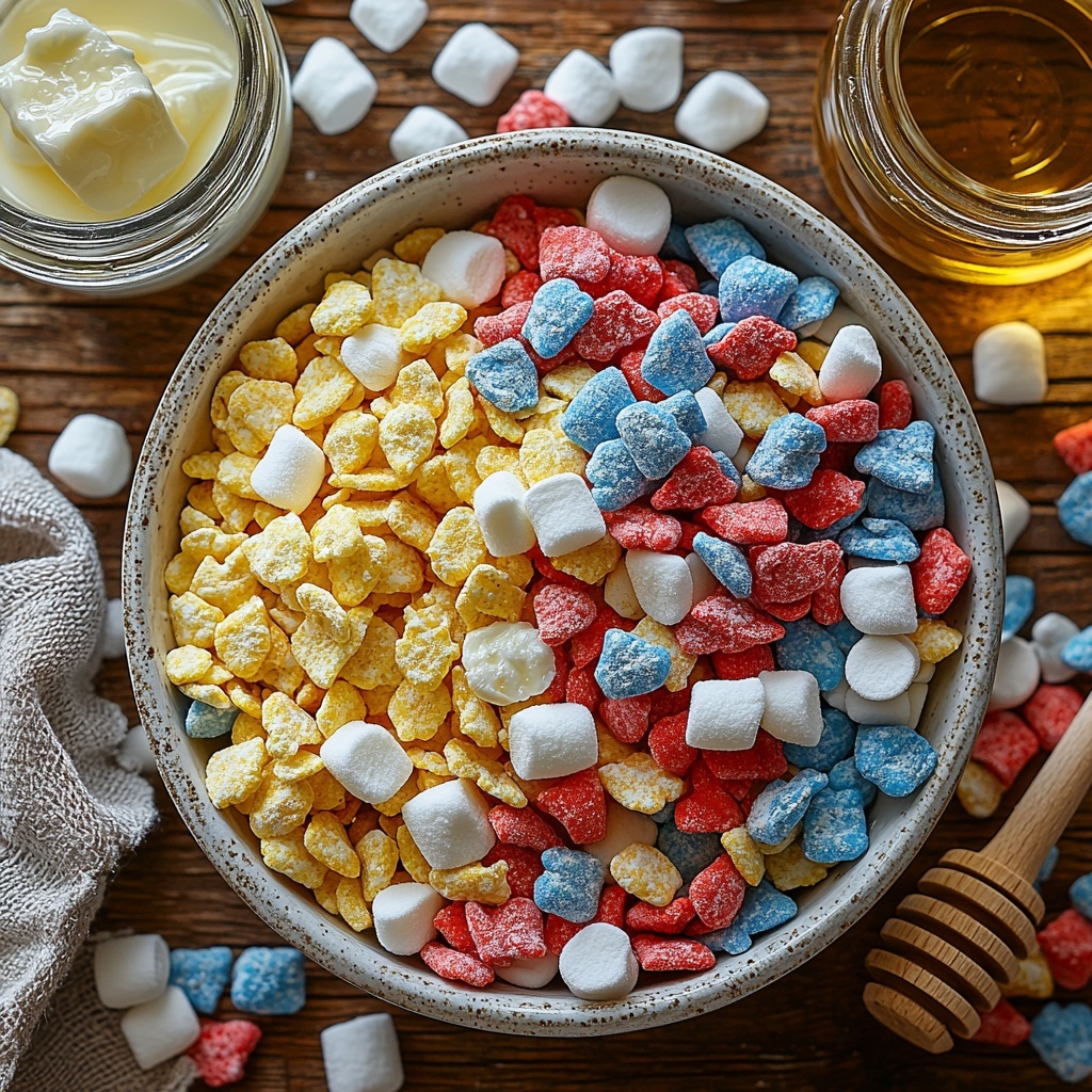 Captain Crunch cereal in a vibrant heap showcasing colorful red, blue, yellow, and white pieces, spilling slightly from a rustic white ceramic bowl; next to it, a glass bowl filled with fluffy white mini marshmallows that have a soft texture; a small, clear glass dish containing rich golden melted unsalted butter, glistening; a delicate glass bottle with a small amount of translucent vanilla extract, light amber in color, with a tiny wooden honey dipper resting beside it; all ingredients arranged neatly on a clean, light wooden surface with natural soft daylight highlighting the vivid colors and contrasting textures; minimal shadows and a touch of casual elegance with a linen napkin subtly folded near the bowls; overhead shot, top down view, flat lay photography, professional food styling --ar 1:1 --q 2 --s 750 --v 6.1