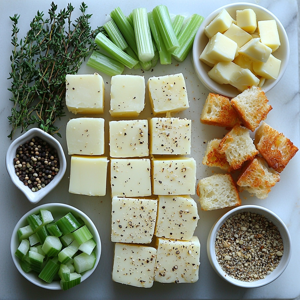 cream-colored peeled celeriac cubes, light golden peeled potato cubes, diced translucent brown onion, pale green diced leek, bright green diced celery, two finely chopped white garlic cloves, a small pile of unsalted butter cubes with a soft creamy texture, fresh green thyme sprigs, glossy dark green bay leaf, small heap of black peppercorns, light brown coriander seeds, rustic twine tied cheesecloth sachet containing spices, sprinkle of finely chopped vibrant green chives, golden crunchy croutons with a rough texture, small drizzle of olive oil glistening on white ceramic surface, ingredients carefully spaced and arranged on a clean matte white background with natural soft lighting emphasizing textures and fresh colors, subtle shadows for depth, minimalistic styling with a modern rustic vibe, overhead shot, top down view, flat lay photography, professional food styling --ar 1:1 --q 2 --s 750 --v 6.1