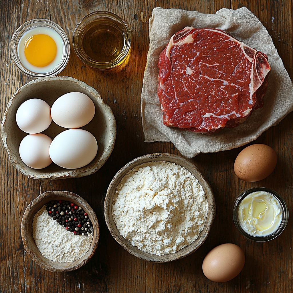 A clean, light wooden surface neatly arranged with the main ingredients for country fried steak: a raw beef round steak, tender and slightly marbled, laid flat; a rustic ceramic bowl filled with white all-purpose flour with visible fine texture; a small bowl of creamy buttermilk showing a smooth, off-white surface; two large fresh eggs, one cracked open with the yolk visible; a shallow dish of golden vegetable oil with a glossy sheen; a small measuring cup of low-sodium chicken broth, pale and translucent; a small glass bowl of heavy cream, thick and velvety white; and a sprinkle of coarse black pepper scattered artistically nearby. Ingredients are spaced evenly with soft natural lighting highlighting the varied textures from glossy liquids to powdery flour and marbled meat. Minimal props with a neutral-toned linen napkin folded gently to one side, shadows soft and diffused. The composition showcases freshness and rustic simplicity, with colors ranging from warm beige tones to creamy whites and rich red meat hues. overhead shot, top down view, flat lay photography, professional food styling --ar 1:1 --q 2 --s 750 --v 6.1