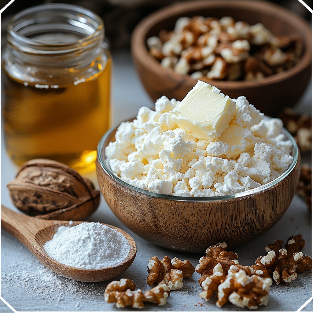 Softened unsalted butter in a small glass bowl with creamy texture, a heap of fine white powdered sugar spilling slightly beside it, a small glass jar of golden vanilla extract with a glint of light, a rustic wooden bowl filled with light beige all-purpose flour, a small bowl of finely chopped mixed nuts showing varied brown and tan tones, a small dish of warm brown ground cinnamon powder, a pinch of fine white salt in a tiny ceramic spoon, scattered extra powdered sugar and cinnamon powder lightly dusted around for texture contrast, all ingredients neatly arranged on a clean white matte surface with subtle natural light casting soft shadows, warm and inviting color palette emphasizing creamy whites, browns, and soft yellows, minimalist styling with slight rustic charm, natural twine or a wooden spoon included to add authenticity, overhead shot, top down view, flat lay photography, professional food styling --ar 1:1 --q 2 --s 750 --v 6.1