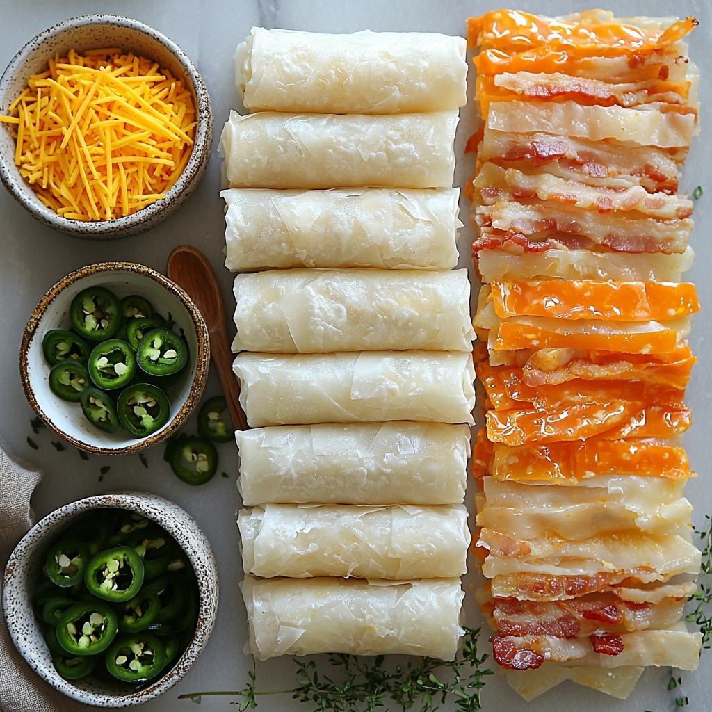 8 eggroll wrappers neatly stacked showing thin, translucent beige layers; a small bowl of smooth, creamy off-white cream cheese; a heap of vibrant orange shredded cheddar cheese with slightly crumbly texture; crispy, chopped golden-brown cooked bacon pieces scattered artfully; bright green diced jalapeños with glossy, fresh appearance in a tiny white dish; a small bowl of beaten egg showing rich yellow liquid with slight froth; and a small container of clear golden frying oil reflecting light subtly. All ingredients arranged on a clean, matte white surface with soft natural light casting gentle shadows, emphasizing textures and vibrant colors. Minimalist styling with rustic wooden spoon and neutral linen napkin hints, creating a warm inviting composition. Overhead shot, top down view, flat lay photography, professional food styling --ar 1:1 --q 2 --s 750 --v 6.1