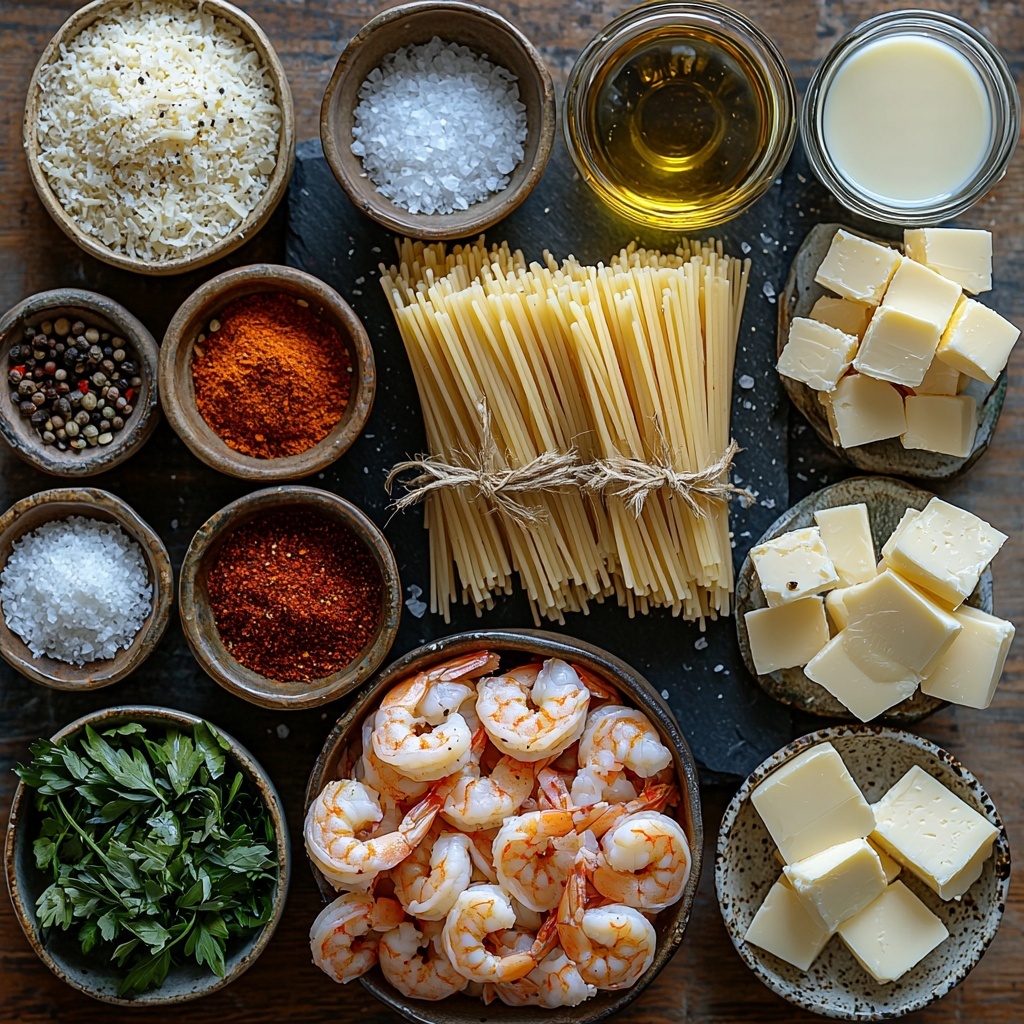 A clean, light wooden surface arranged with the main ingredients for creamy garlic shrimp pasta: peeled, deveined shrimp with a slight pink hue placed in a small rustic bowl; a cluster of uncooked linguine pasta strands tied loosely with natural twine; small vintage bowls containing smoked paprika with its deep reddish-orange color, coarse salt crystals, and cracked black pepper; a small pat of golden butter on a white ceramic dish; a clear glass jug of olive oil catching warm light; peeled garlic cloves finely minced and neatly piled on a minimalistic white plate; a small glass bowl holding creamy white milk; a tiny dish with fine white cornstarch powder; a cup of freshly shredded Parmesan cheese displaying its pale yellow texture; a scattering of bright green chopped fresh parsley leaves on a dark slate tile; and a small ramekin filled with freshly grated Parmesan cheese with a slightly fluffy texture. Soft natural lighting highlights the textures and colors vividly, with subtle shadows adding depth. The ingredients are spaced thoughtfully with negative space around each item, styled with artisanal kitchenware and a natural, inviting aesthetic for a polished flat lay image — overhead shot, top down view, flat lay photography, professional food styling --ar 1:1 --q 2 --s 750 --v 6.1