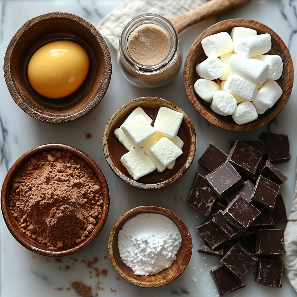 unsalted butter softened into a smooth creamy square, artfully placed beside two small bowls—one filled with golden granulated sugar and the other packed light brown sugar with rich molasses tones; a single large brown-speckled egg rests nearby alongside a small glass vial of amber pure vanilla extract; a rustic wooden scoop holds spooned and leveled all-purpose flour dusted lightly on the surface to show its fine texture; next to it, deep dark natural unsweetened cocoa powder and a reddish-brown dry hot cocoa mix arranged in perfect little piles, showcasing their powdery, velvety texture; a vintage teaspoon with baking soda and a pinch of salt sit gently on a clean white ceramic dish; two teaspoons of glossy milk in a small clear glass dish reflecting soft light; fluffy white marshmallows cut in half, scattered casually yet artfully, with their pillowy texture emphasized; lastly, a small heap of finely chopped semi-sweet chocolate pieces glistening with a slight shine, capturing their sharp, irregular edges; all ingredients arranged neatly and symmetrically on a light neutral toned clean surface with soft natural daylight casting gentle shadows, styled minimally with no clutter to highlight textures, colors, and freshness, subtle props like a linen napkin and a wooden spoon to add warmth and depth, slight touch of powdered sugar sprinkled around to enhance coziness — overhead shot, top down view, flat lay photography, professional food styling --ar 1:1 --q 2 --s 750 --v 6.1