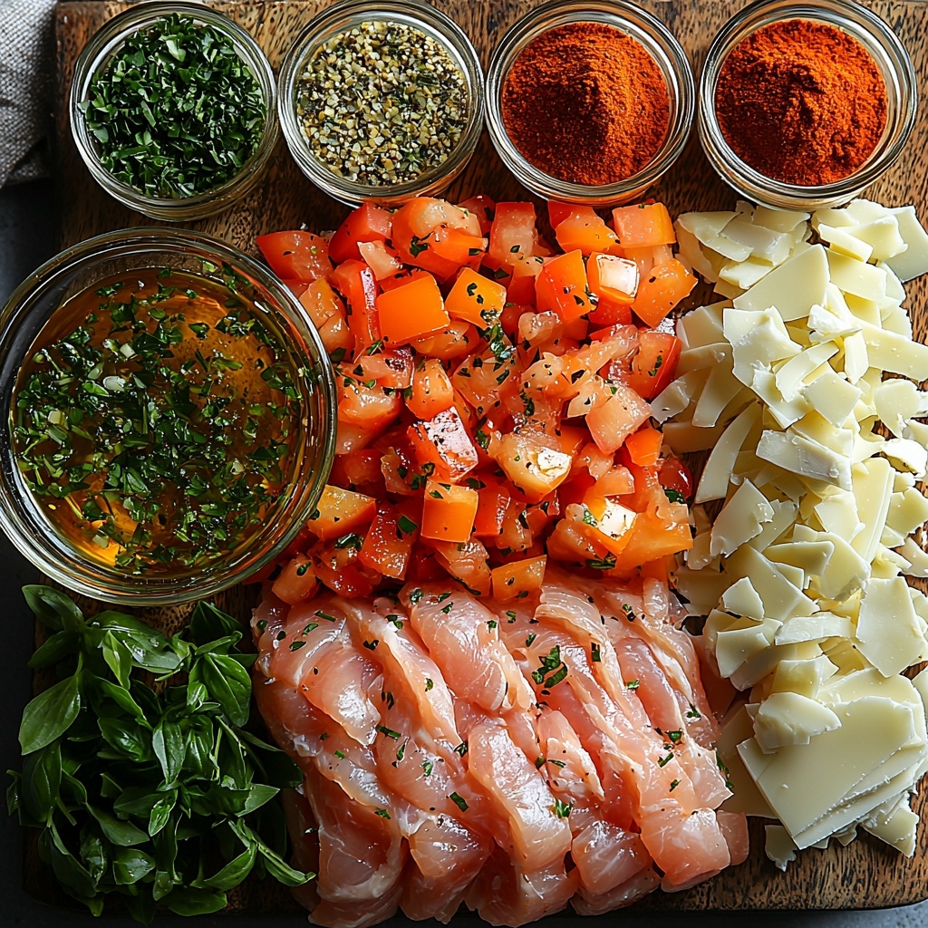 2 tablespoons olive oil in a small glass bowl, golden and glossy; 1 yellow onion, halved and thinly sliced with delicate translucent layers fanned out; 1 red bell pepper, thinly sliced showing vibrant glossy red strips; 1 green bell pepper, thinly sliced with fresh bright green crisp pieces; 1 1/4 pounds boneless skinless chicken breasts, thinly sliced, pale pink raw meat with smooth texture neatly spread; small ramelets containing Italian seasoning (herb mix with green and brown specks), smoked paprika (fine red powder), kosher salt (coarse white crystals), and freshly ground black pepper (coarse dark flecks); 1 cup shredded provolone cheese in a rustic bowl, soft white cheese strands; all ingredients arranged symmetrically on a clean white matte surface with natural soft daylight casting gentle shadows, minimalistic styling, slight rustic wooden cutting board and a linen napkin partially visible at edges, fresh and inviting color contrast emphasizing textures and freshness, overhead shot, top down view, flat lay photography, professional food styling --ar 1:1 --q 2 --s 750 --v 6.1