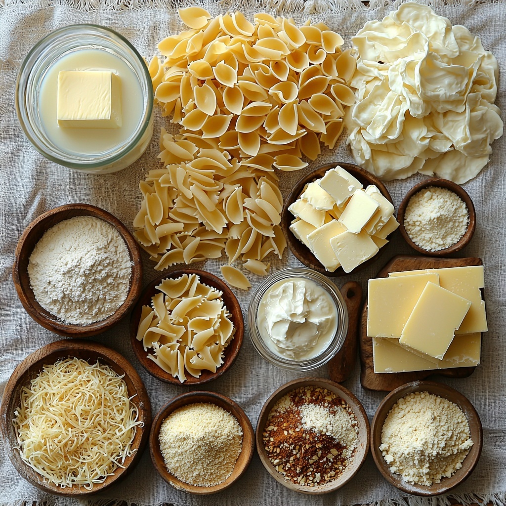 butter, all-purpose flour, water in a clear glass measuring cup, milk in a small pitcher, uncooked elbow pasta scattered loosely, small bowls with garlic powder, ground mustard, salt, and black pepper powders, sharp white cheddar cheese block with some shredded pieces, grated Parmesan cheese in a small bowl, shredded mozzarella cheese pile, panko breadcrumbs in a rustic bowl, garlic powder and paprika powders side by side, small dish of olive oil with a slight sheen; ingredients arranged neatly on a clean white surface, natural soft lighting highlighting colors and textures—creamy yellows of butter and cheeses, pale beige panko, off-white flour, warm golden pasta contrasting with bright white bowls and dishes, slight shadows adding depth, styling includes scattered pasta and cheese shreds for casual yet elegant look, minimal props, focus on fresh, raw ingredients; overhead shot, top down view, flat lay photography, professional food styling --ar 1:1 --q 2 --s 750 --v 6.1