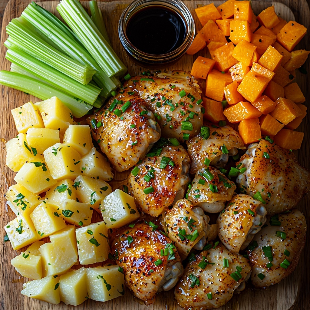 bone-in skin-on chicken thighs with golden crispy skin, medium Yukon gold potatoes cut into chunks with smooth yellow peel, medium sweet potato chunks with vibrant orange skin, bright orange chopped carrot slices cut on a diagonal showing fresh texture, crisp pale green celery stalks sliced diagonally, thin strips of purple shallot with glossy surface, large cloves of garlic minced finely in a small pile, small bowl of amber honey, small dish with soy sauce dark and glossy, 1/4 cup golden olive oil in a glass jar, sprinkle of coarse salt and cracked black pepper scattered naturally, all ingredients carefully arranged on a clean light-colored wooden surface with soft natural lighting to enhance colors and textures, slight shadows for depth, rustic yet elegant food styling with minimal props, fresh and inviting, overhead shot, top down view, flat lay photography, professional food styling --ar 1:1 --q 2 --s 750 --v 6.1