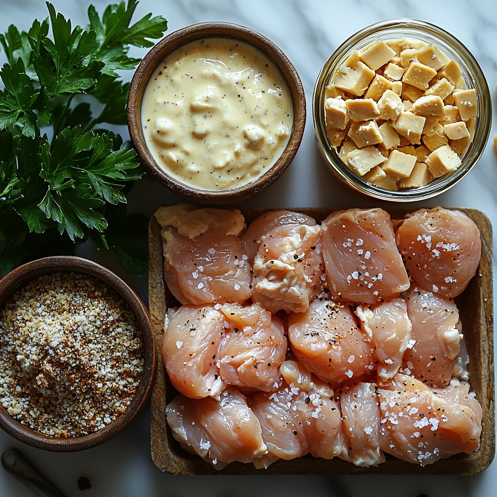 chicken tenderloins raw and pale pink, kosher salt and black pepper scattered lightly in small rustic bowls, two cans of cream soup with visible labels (cream of celery and cream of chicken), a small glass bowl with creamy light beige soup mixture blended with milk, a neat pile of golden Stove Top chicken stuffing mix with crumbly texture, a clear measuring cup filled with rich golden chicken broth, fresh bright green parsley sprigs and some dried parsley flakes in a small dish, all ingredients carefully spaced on a clean white marble surface with soft natural lighting highlighting the different textures and subtle color contrasts, slight shadows adding depth, minimal rustic props like a stainless steel spoon and a folded linen napkin near the edges for warmth, overhead shot, top down view, flat lay photography, professional food styling --ar 1:1 --q 2 --s 750 --v 6.1