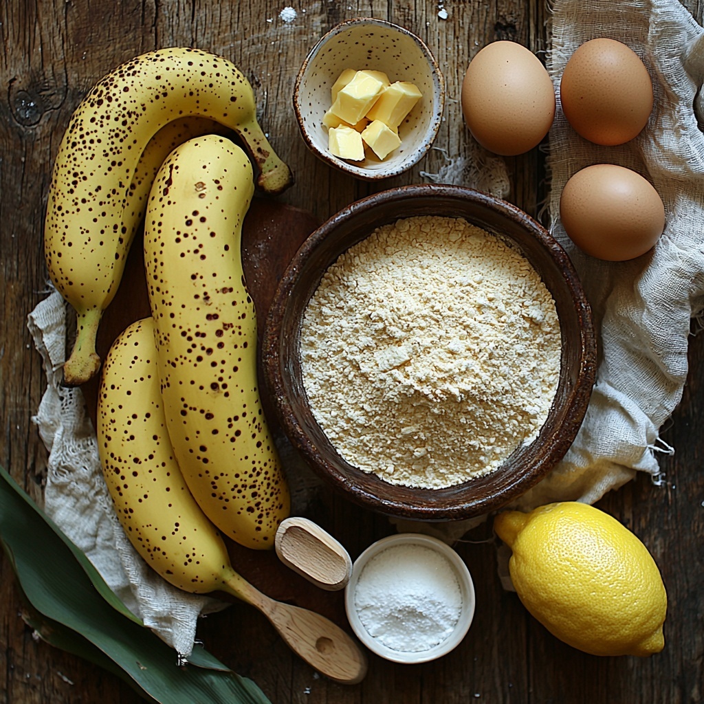 brown rice flour in a rustic ceramic bowl with a small wooden scoop, scattered loose flour with fine powder texture; three very ripe bananas with dark speckles, one peeled halfway showing soft creamy interior; a small glass bowl of golden unsalted butter at room temperature, visibly soft and creamy; a small mound of granulated white sugar on a clean white ceramic plate; four large brown eggs arranged neatly on a linen cloth; a small white ramekin filled with baking powder, fine and light texture; a pinch of salt in a tiny porcelain spoon; fresh whole lemon with bright yellow zest and one half cut to show juicy interior beside a small glass bowl of icing sugar; all ingredients arranged carefully on a clean light wooden surface with natural soft daylight, subtle shadows, scattered banana leaves and linen napkins for texture contrast, warm and inviting color palette, styled with minimal clutter and balanced negative space, overhead shot, top down view, flat lay photography, professional food styling --ar 1:1 --q 2 --s 750 --v 6.1