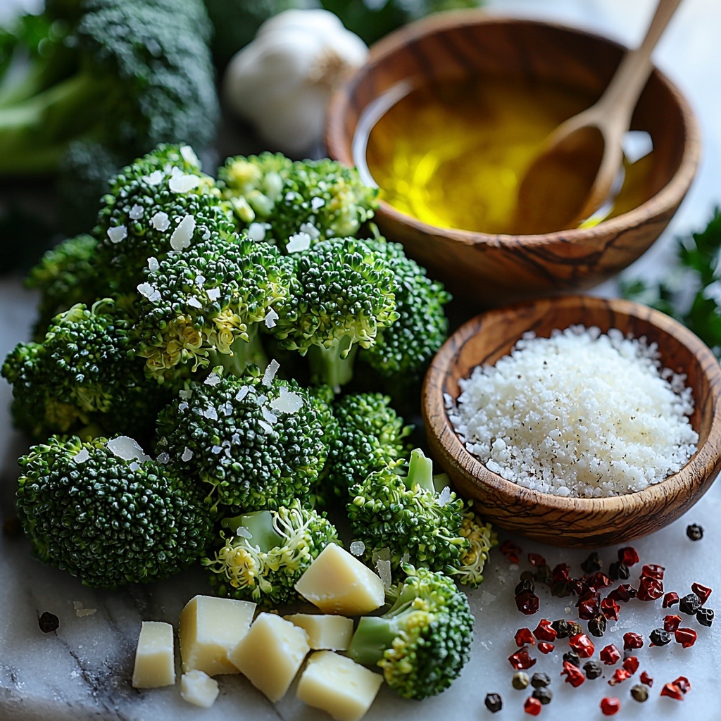 A clean white marble surface with fresh bright green broccoli florets clustered artfully on one side, a small wooden bowl filled with golden olive oil glistening under soft natural light, three peeled garlic cloves and a small heap of finely minced garlic scattered nearby, a rustic small dish holding snowy white grated Parmesan cheese with a light fluffy texture, a tiny ceramic spoon resting in a shallow pile of vibrant red crushed pepper flakes, coarse salt crystals and cracked black peppercorns sprinkled delicately around. The ingredients are spaced evenly with natural shadows, emphasizing contrasting textures—the rough broccoli crowns, smooth oil sheen, granular cheese, and crushed flakes. The color palette highlights fresh greens, warm golds, deep reds, and creamy whites, styled with minimal props such as a linen napkin and light wooden utensils for a warm, inviting feel. Overhead shot, top down view, flat lay photography, professional food styling --ar 1:1 --q 2 --s 750 --v 6.1