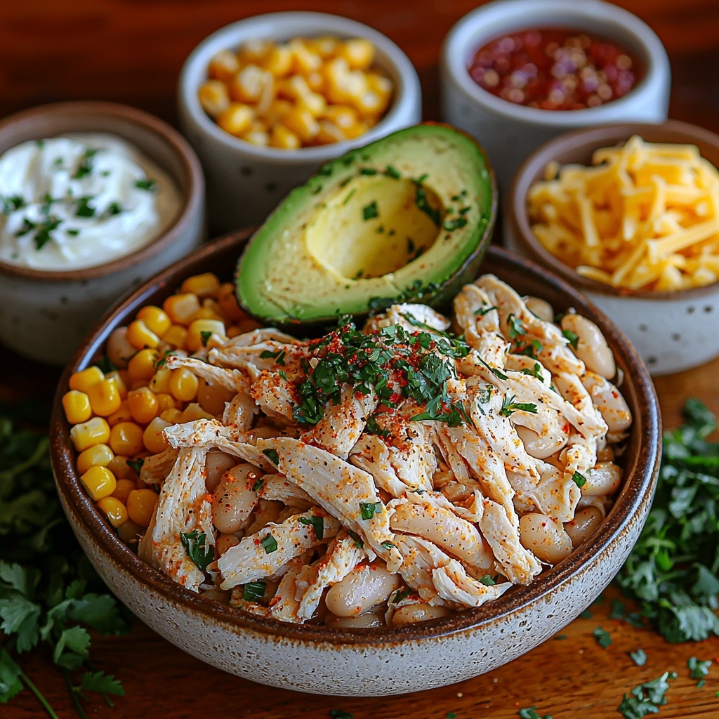 white cooked shredded chicken piled neatly on a small rustic bowl, two cans of white beans drained and rinsed arranged beside it in open bowls showing smooth creamy texture, a small bowl of bright yellow drained corn kernels, finely diced white onion sprinkled loosely on a wooden surface, two peeled garlic cloves and minced garlic on a small white dish, a clear glass measuring cup filled with golden chicken broth, a small white ramekin of thick heavy cream, small rustic bowls containing ground cumin and chili powder with warm brown and deep red hues, scattered coarse salt and black peppercorns on the surface, fresh vibrant green cilantro leaves, diced ripe avocado with creamy texture, shredded pale yellow cheese piled lightly, all ingredients arranged symmetrically on a clean light wooden background with natural soft lighting highlighting the contrasting colors and textures, subtle shadows for depth, minimal props to maintain focus on ingredients, fresh and inviting aesthetic, overhead shot, top down view, flat lay photography, professional food styling --ar 1:1 --q 2 --s 750 --v 6.1