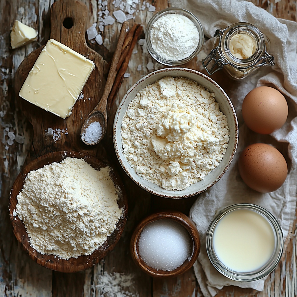 all-purpose flour in a white ceramic bowl with a small wooden scoop, granulated sugar in a clear glass bowl, coarse salt crystals scattered nearby, a small vintage measuring cup filled with whole milk, a pat of unsalted butter on a rustic wooden board, a packet of instant yeast with loose granules beside it, a cracked large brown egg resting on a white linen napkin, a small ramekin with softened butter, a shallow dish holding packed light brown sugar with visible crystals, ground cinnamon in a tiny glass jar with a cinnamon stick next to it, a square block of creamy white full-fat cream cheese on parchment paper, softened butter in a small white bowl with a silver spoon, a mound of fine confectioners’ sugar dusted slightly on the surface, and a small glass bottle of pure vanilla extract with a cork stopper; all ingredients carefully arranged with balanced spacing on a clean, pale wooden surface, natural soft daylight casting gentle shadows, rustic and cozy styling with a neutral-toned linen cloth partially visible in the corner, emphasizing warm earthy tones and creamy textures, minimalistic and inviting aesthetic, overhead shot, top down view, flat lay photography, professional food styling --ar 1:1 --q 2 --s 750 --v 6.1