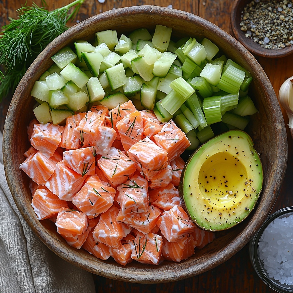 Canned salmon chunks in a small rustic bowl, half a ripe avocado sliced to show creamy green flesh, a small glass bowl of thick plain Greek yogurt, diced celery pieces neatly piled on a white ceramic dish, finely diced red onion scattered delicately nearby, a bunch of fresh chopped dill with vibrant green feathery leaves, a small white ramekin with bright lemon juice, a tiny wooden spoon holding coarse garlic powder beside a small dish of sea salt and freshly ground black pepper, all arranged thoughtfully on a clean, light wooden surface with soft natural lighting highlighting the varied textures and fresh colors—creamy avocado, pink salmon, crisp celery, purple onion, vivid green dill, glossy yogurt, pale lemon juice—styled with minimal props like a linen napkin and a vintage spoon for an inviting, fresh, wholesome feel, subtle shadows and balanced composition enhancing each ingredient’s appeal, emphasizing freshness and natural beauty overhead shot, top down view, flat lay photography, professional food styling --ar 1:1 --q 2 --s 750 --v 6.1