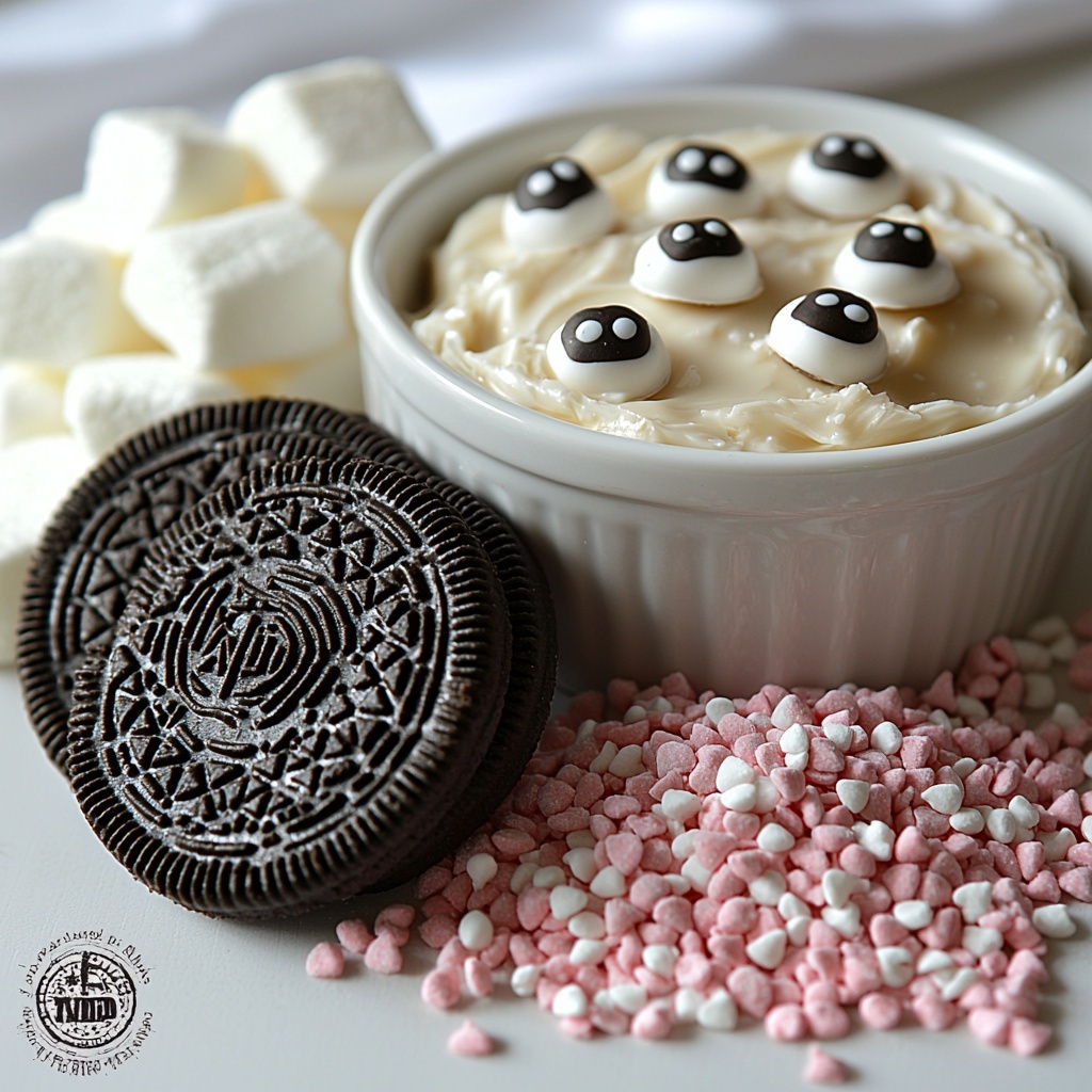Oreo cookies halved showing dark chocolate cookie texture and creamy white filling, small white porcelain bowl filled with smooth melted white chocolate with glossy sheen, glossy black candy melt wafers neatly stacked and some scattered showcasing smooth, shiny texture; tiny pink heart-shaped sprinkles arranged in a delicate cluster adding pastel pop of color; small candy eyes with white background and black pupils placed in pairs on a clean white surface; a small pile of tiny white marshmallows with soft, powdery texture; some white lollipop sticks with matte finish resting alongside ingredients. All ingredients are artfully spaced on a bright, clean white tabletop with soft natural light highlighting the contrasting dark and white colors of the ingredients. Minimalist styling with careful shadows, subtle reflections on glossy chocolate, and a touch of rustic charm from a light linen napkin partially visible in a corner. Overhead shot, top down view, flat lay photography, professional food styling --ar 1:1 --q 2 --s 750 --v 6.1