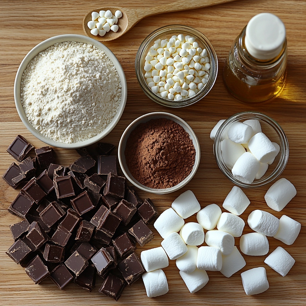 a flat lay overhead shot of key ingredients for s’mores chocolate marshmallow cupcakes arranged neatly on a clean, light wooden surface, featuring a small bowl of all-purpose flour with soft white powder texture, a heap of rich dark cocoa powder with velvety matte finish, a clear glass measuring cup filled with smooth granulated white sugar, a square of pale yellow unsalted butter softened to creamy texture, two fresh large brown eggs with smooth shells, a small glass jug of white milk, a tiny bottle of vanilla extract with amber liquid inside, a small bowl of golden-brown graham cracker crumbs with crunchy texture, a handful of fluffy white mini marshmallows, and a small pile of glossy dark chocolate chips scattered slightly, all styled with natural soft daylight casting gentle shadows, minimalistic rustic props like a wooden spoon and white ceramic bowls enhancing the cozy, inviting feel of baking ingredients, harmonious color contrast between warm browns, creamy whites, and deep chocolates, overhead shot, top down view, flat lay photography, professional food styling --ar 1:1 --q 2 --s 750 --v 6.1