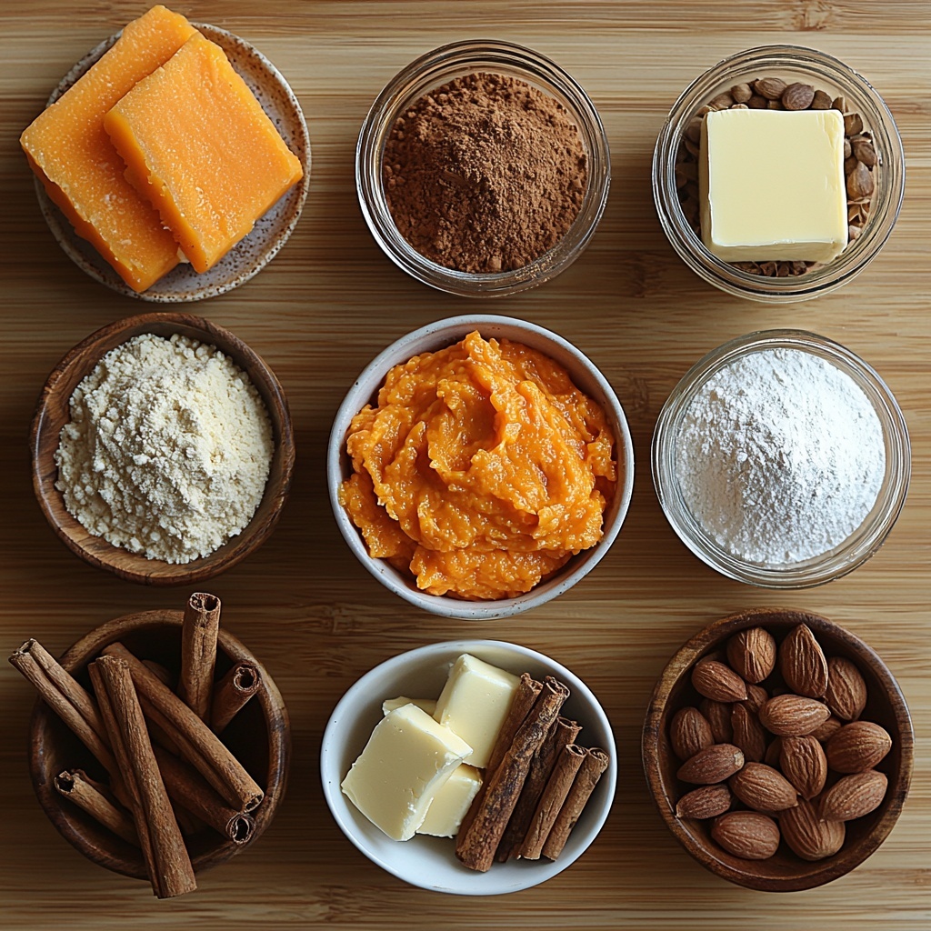 A clean light wooden surface with all the main ingredients for pumpkin cheesecake cookies arranged neatly in a balanced flat lay: a small bowl of bright orange pumpkin puree with smooth texture, a block of creamy off-white cream cheese on a small white plate, a heap of golden brown packed brown sugar in a rustic ceramic bowl, a small glass bowl of fine white granulated sugar beside it, a small wooden bowl filled with pale beige all-purpose flour, a tiny white dish containing cinnamon, nutmeg, ground cloves, and ground ginger in small separate piles showing warm earthy tones of reddish-brown, light brown, deep brown, and soft yellow, a stick of pale yellow unsalted butter sliced partially, one large brown egg, a small glass jar of vanilla extract with amber liquid inside, and a tiny bowl holding mixed white baking powder, baking soda, and salt powders. The ingredients are spaced evenly with natural soft daylight highlighting the warm autumn hues and various textures—powders, creamy, granular, and smooth—styled with a few scattered cinnamon sticks and a couple of small dried pumpkin seeds for subtle seasonal accents. The arrangement is balanced and inviting, emphasizing color contrast and rustic elegance. Overhead shot, top down view, flat lay photography, professional food styling --ar 1:1 --q 2 --s 750 --v 6.1