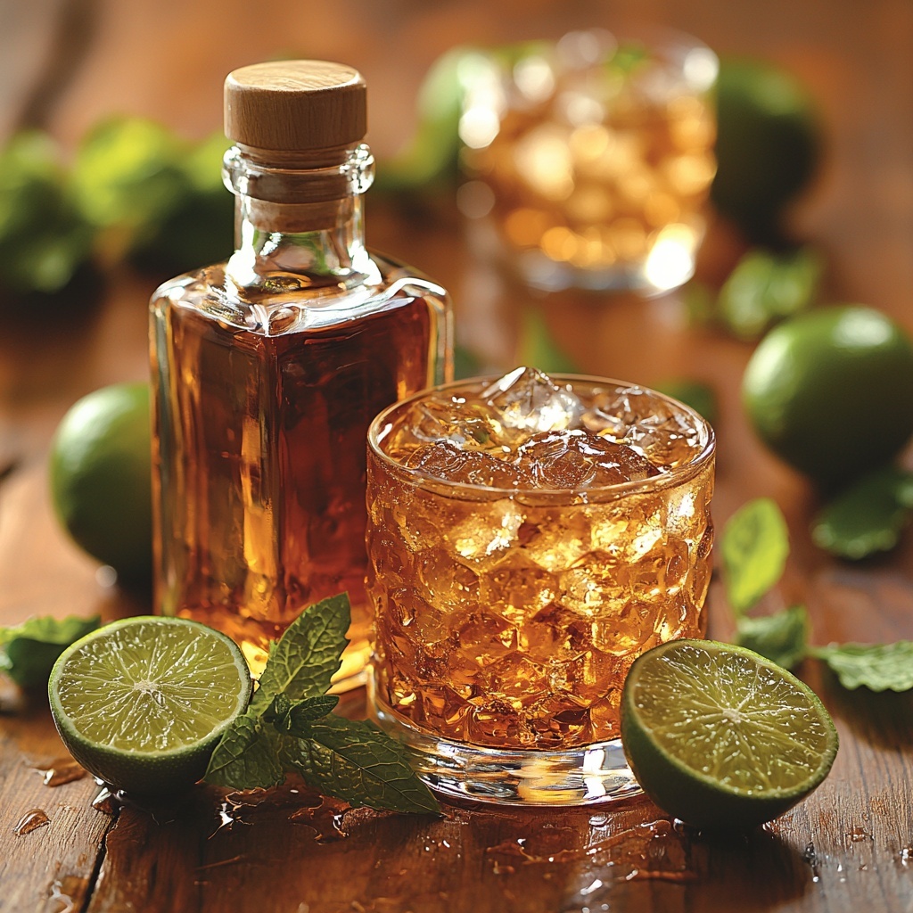 2 ounces amber bourbon in a small glass bottle, a fresh whole bright green lime next to a halved lime showing juicy pulp, a clear glass filled with sparkling golden ginger ale with bubbles visible, a few ice cubes scattered artistically around, a vintage old-fashioned glass empty and clean, all arranged on a smooth, light wooden surface with natural warm lighting enhancing the rich colors and textures, minimalistic styling with soft shadows, small sprig of fresh mint for a pop of green contrast, overhead shot, top down view, flat lay photography, professional food styling --ar 1:1 --q 2 --s 750 --v 6.1