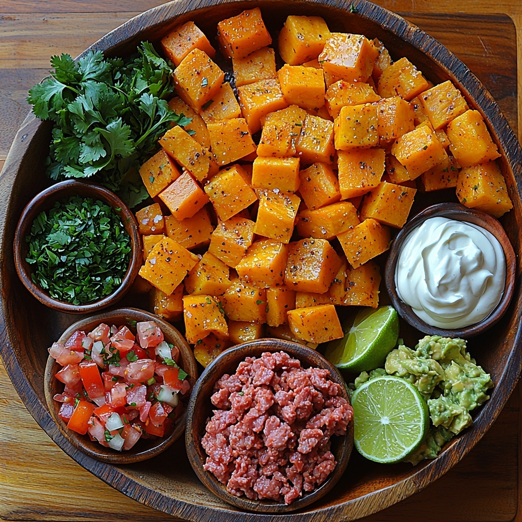 sweet potato cubes peeled and orange, small bowl of olive oil golden and glossy, teaspoon of smoked paprika deep red powder, pinch bowls of salt and black pepper, raw ground beef or turkey pink and textured in a rustic bowl, small dish of taco seasoning reddish-brown spices, vibrant pico de gallo with red tomatoes, green cilantro, white onions in a colorful bowl, creamy lime-green guacamole in a smooth ceramic bowl, dollop of white sour cream with soft texture on a small plate, all ingredients neatly arranged spaced out on a clean light wood surface with warm natural lighting, subtle shadows enhancing textures, fresh lime wedges and cilantro sprigs scattered artfully for garnish, crisp and bright color palette emphasizing freshness and earth tones, overhead shot, top down view, flat lay photography, professional food styling --ar 1:1 --q 2 --s 750 --v 6.1