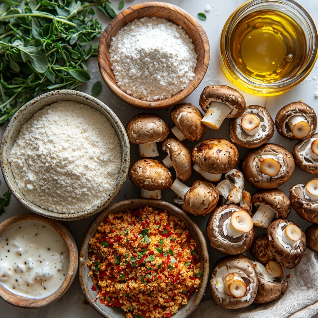 small cremini and button mushrooms, white all-purpose flour in a small glass bowl, creamy light yellow buttermilk in a ceramic bowl, golden crispy panko breadcrumbs mixed with red chili powder, green dried oregano flakes, white garlic powder, coarse kosher salt crystals, cracked black peppercorns, clear glass jar of golden frying oil, small dish of pale creamy buttermilk dressing; ingredients neatly arranged on a smooth white surface, natural diffused daylight casting soft shadows, rustic wooden spoon with flour dust, scattering of loose panko and spices adding texture, neutral linen napkin folded casually at the edge, warm earthy tones contrasting with the bright whites and light browns, focus on textures from rough breadcrumbs to smooth mushrooms overhead shot, top down view, flat lay photography, professional food styling --ar 1:1 --q 2 --s 750 --v 6.1
