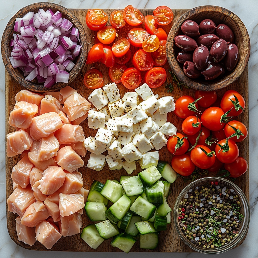 16 ounces raw chicken breast, plump and fresh, laid out in strips; 2 ounces diced bright purple-red onion in a small neat pile; 20 ounces diced crisp light green cucumber cubes; 8 ounces diced ripe red tomatoes showing juicy flesh; 40 glossy dark purple Kalamata olives scattered artistically; 8 ounces crumbly white feta cheese chunks arranged in a small mound; 1 cup creamy white tzatziki sauce in a small bowl with texture visible; 2 whole garlic cloves, smooth and pale; small clear glass bowls containing red wine vinegar, lemon juice, extra virgin olive oil, and Greek yogurt showing their liquid and creamy textures; dried oregano sprinkled lightly on the surface; a pinch of coarse salt crystals and black peppercorns scattered; all ingredients arranged separately on a clean white marble background with soft natural lighting creating subtle shadows, emphasizing vibrant fresh colors and diverse textures, styled with minimal rustic props like a wooden spoon and linen napkin nearby for contrast, highlighting Mediterranean freshness and simplicity, overhead shot, top down view, flat lay photography, professional food styling --ar 1:1 --q 2 --s 750 --v 6.1