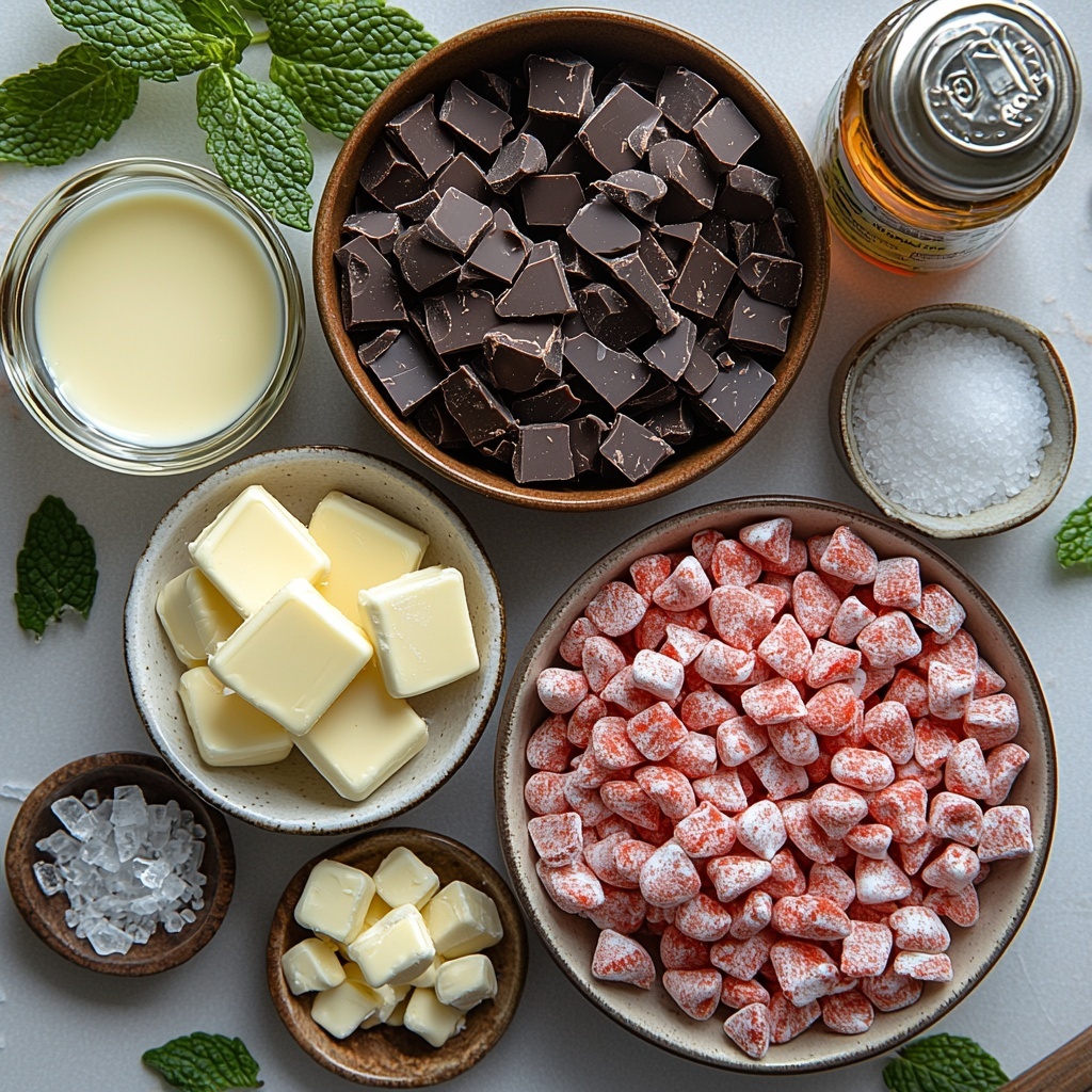 semi-sweet chocolate chips in a small glass bowl, glossy and dark brown, white chocolate chips in a separate bowl, creamy and smooth off-white, an opened can of sweetened condensed milk with thick, glossy liquid visible, two tablespoons of unsalted butter on a small white ceramic dish, pale yellow and soft, a small glass dish containing crystallized crushed peppermint candies, vibrant red and white candy shards with sparkling texture, a tiny bowl with clear peppermint extract bottle nearby, a small pile of fine white salt crystals, all ingredients carefully spaced out on a clean, matte white surface, soft natural lighting highlighting the rich textures and contrasting colors, minimalistic styling with a few fresh peppermint leaves placed strategically for a pop of green, subtle shadows creating depth, sharp focus on textures with slight blur on edges for artistic effect, overhead shot, top down view, flat lay photography, professional food styling --ar 1:1 --q 2 --s 750 --v 6.1