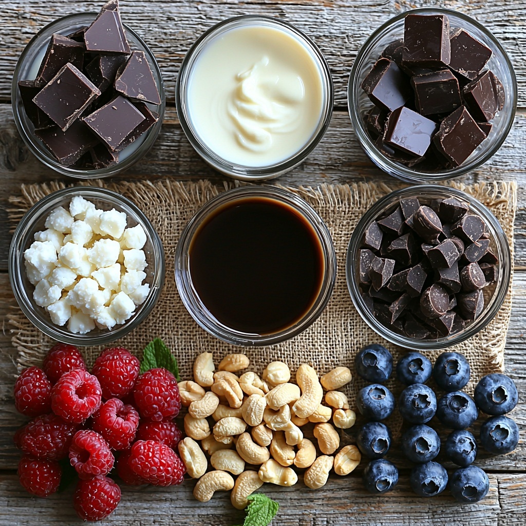 2 cups unsalted cashews in a small white bowl, 2 cups coconut milk in a clear glass measuring cup, 1/4 cup melted white chocolate in a small ceramic ramekin, 1 tablespoon coconut oil in a tiny glass dish, 1 tablespoon maple syrup in a delicate wooden spoon, 8 tablespoons Hills Bros White Chocolate Caramel Cappuccino powder in a beige burlap scoop, assorted fresh berries (strawberries, blueberries, raspberries) scattered loosely with some dipped in melted dark, milk, and white chocolate chunks, three piles of good quality chocolate chunks—dark, milk, and white—arranged neatly on rustic parchment paper, all ingredients placed thoughtfully on a clean, light wooden surface with soft natural light highlighting the creamy textures and rich colors, gentle shadows adding depth, subtle green leaves as garnish for a fresh touch, overhead shot, top down view, flat lay photography, professional food styling --ar 1:1 --q 2 --s 750 --v 6.1