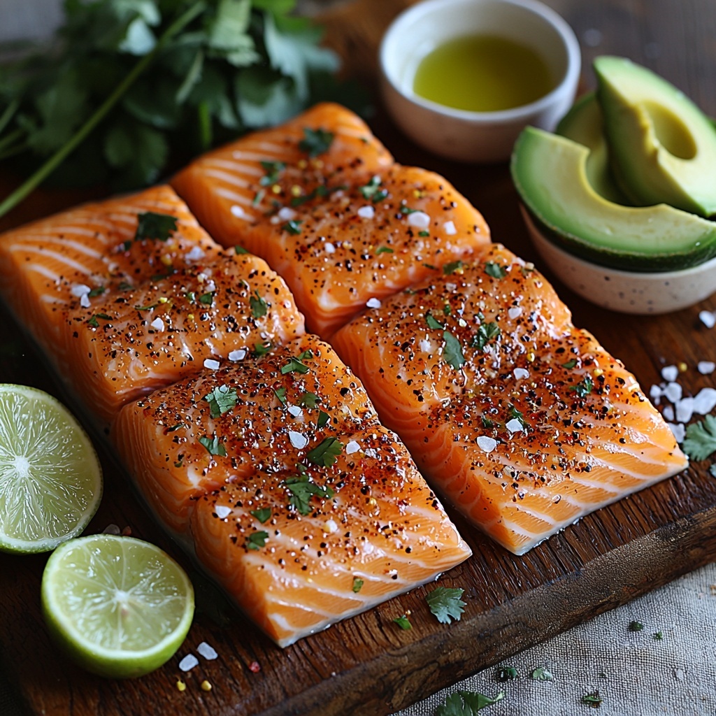 4 fresh raw salmon fillets with vibrant pink-orange flesh, sprinkled with deep reddish-brown Cajun seasoning, placed neatly side by side; a small rustic bowl of golden olive oil with glossy surface; a ripe avocado, bright green with a creamy texture, diced into uniform cubes arranged in a small white ceramic dish; one whole lime, halved to reveal juicy, glistening pale green flesh next to finely grated lime zest on a small wooden spoon; coarse salt crystals and cracked black peppercorns scattered artistically around; a small bunch of fresh cilantro with bright green delicate leaves for garnish; all ingredients arranged on a clean, light wooden surface that enhances natural colors, styled with soft natural light creating gentle shadows and highlights, emphasizing textures and freshness, minimal props for a clean, modern look, scattered lime slices and avocado cubes to add visual interest, overhead shot, top down view, flat lay photography, professional food styling --ar 1:1 --q 2 --s 750 --v 6.1