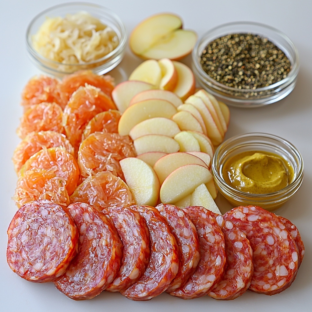 14 ounces sliced kielbasa sausage rounds with a glossy, browned surface arranged neatly; medium-large sweet-crisp apple (Gala or Fuji) quartered and thinly sliced with vibrant red and yellow skin and crisp white flesh fanned out; small bowl of golden amber neutral oil (avocado or vegetable) with smooth, reflective surface; drained sauerkraut piled loosely showing pale yellow shredded cabbage with a slight sheen; small heap of rich dark brown packed brown sugar with a slightly grainy texture; clear glass container of water or light chicken broth with subtle reflections; small dish of smooth, creamy Dijon mustard in a muted yellow tone; fresh bright green thyme leaves scattered or in a tiny bowl, finely chopped; freshly ground black pepper scattered sparingly for contrast on the surface; all ingredients arranged symmetrically on a clean, matte white background with soft natural lighting highlighting textures and vibrant colors, subtle shadows adding depth, minimal props for a modern and fresh look, overhead shot, top down view, flat lay photography, professional food styling --ar 1:1 --q 2 --s 750 --v 6.1