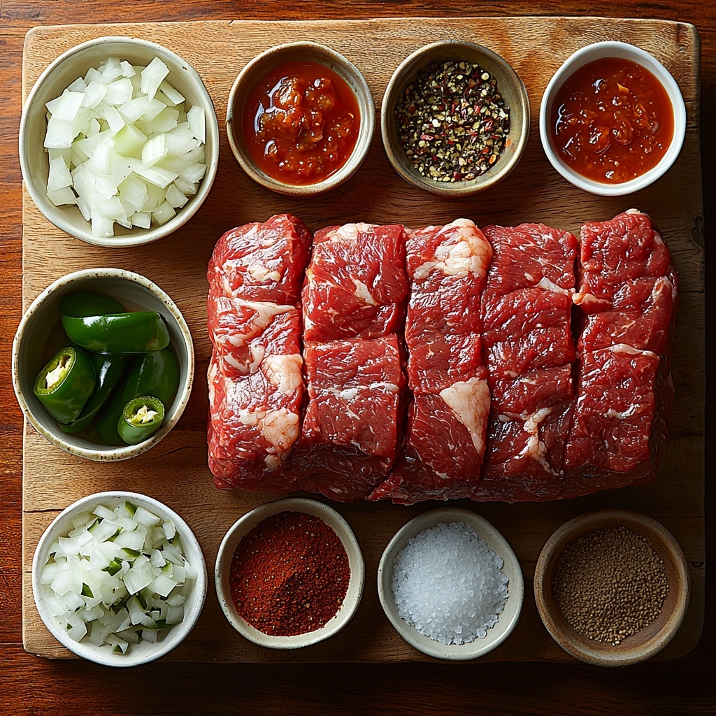 A clean, light wooden surface with all main ingredients for Barbacoa Beef neatly arranged for an overhead flat lay: a large, raw beef roast showcasing its rich, deep red color and marbled texture placed on a wooden board; a small bowl of chopped white onion with its crisp, slightly translucent layers; a cluster of 4 dark red, glossy canned chipotle chilies coated in adobo sauce, some sauce visibly dripping and glistening; a small pile of vibrant reddish-brown chili powder with a fine, powdery texture; a wooden spoon filled with warm golden-brown ground cumin; coarse grains of salt and cracked black pepper scattered artfully in small white ceramic bowls; and a vintage tin can of rich, dark beef broth with its label partly visible. Soft natural light enhances the varied textures and deep, earthy tones, with a few fresh green jalapeño slices scattered nearby as an alternative option, creating visual contrast. Minimalist styling with subtle shadows and ample negative space emphasizes each ingredient’s unique color and texture, capturing rustic authenticity and warmth. Overhead shot, top down view, flat lay photography, professional food styling --ar 1:1 --q 2 --s 750 --v 6.1