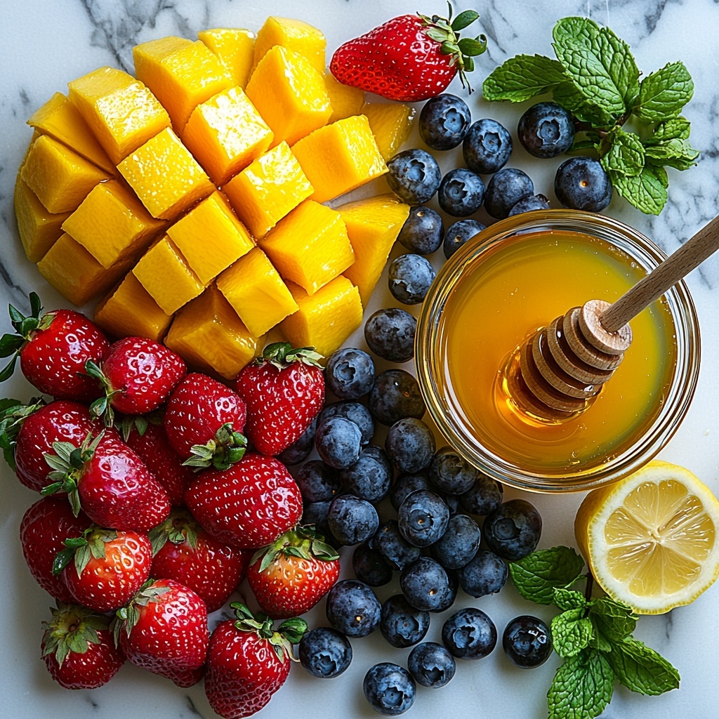 2-3 cups of fresh mixed fruit (such as vibrant red strawberries, deep blue blueberries, bright orange mango chunks, and rich purple plums) arranged in small, neat clusters on a clean, white marble surface; 2-3 tablespoons of golden, thick honey in a small glass jar with a wooden honey dipper resting nearby; a clear glass bowl containing freshly squeezed lemon juice with visible pulp, its bright yellow color contrasting beautifully against the white background. Include a few scattered whole lemons with glossy yellow peels and a sprig of fresh green mint leaves for a pop of color. The textures range from the juicy, plump fruit to the smooth, viscous honey and the slightly translucent lemon juice, all styled with natural light creating soft shadows and highlights. Composition balanced and airy with ample negative space emphasizing freshness and simplicity. Overhead shot, top down view, flat lay photography, professional food styling --ar 1:1 --q 2 --s 750 --v 6.1