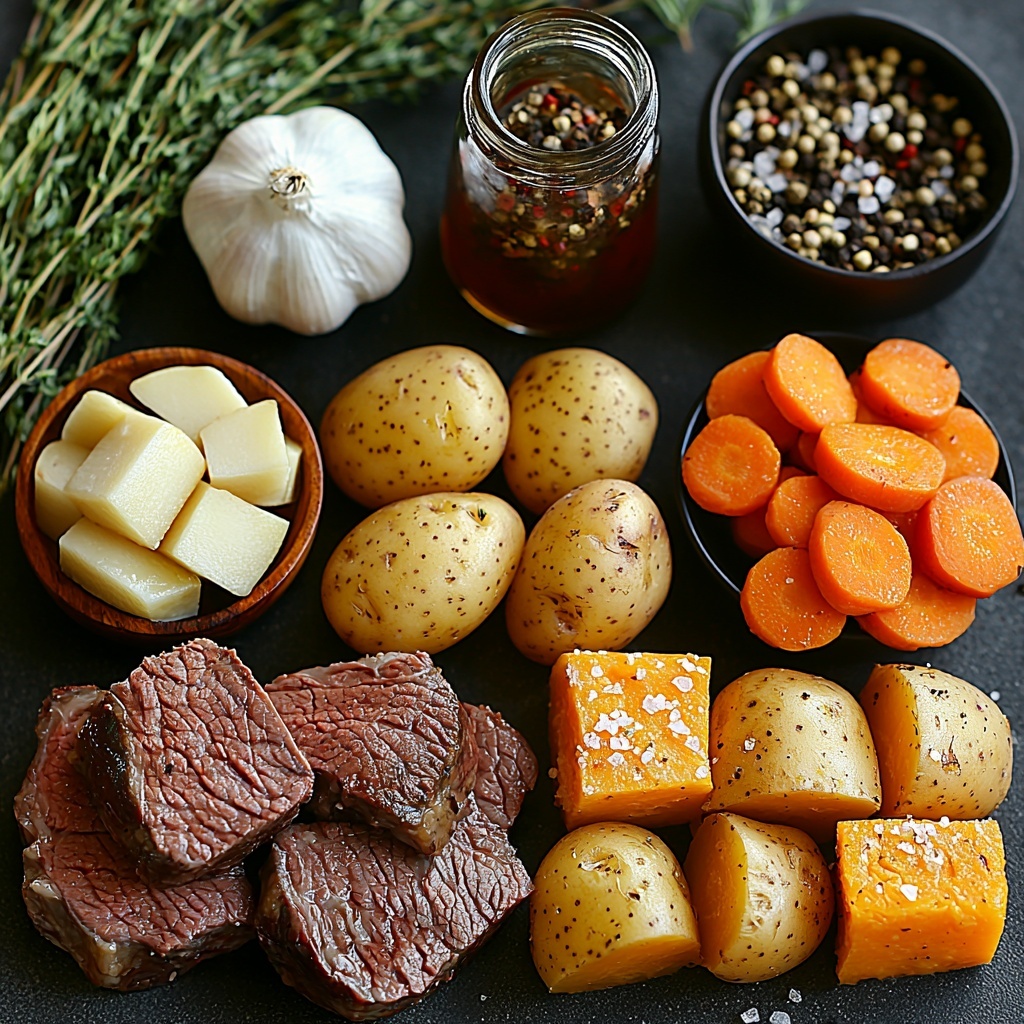 Beef chuck roast cut into large chunks with rich marbling, golden Yukon Gold and red potatoes halved and whole showing smooth and rustic textures, fresh garlic bulbs with a few cloves peeled revealing creamy white interiors, raw sweet onion slices with translucent layers, fresh green thyme and rosemary sprigs with needle-like leaves, bright orange carrots cut into chunks, vibrant green beans whole, brown mushrooms with smooth caps, a small bowl of dark beef broth reflecting light, a small dish of coarse salt crystals and whole black peppercorns scattered artfully, a small bottle or splash of glossy Worcestershire sauce, all arranged neatly on a clean matte white surface. The ingredients are spaced to showcase their natural colors and textures, accented with soft natural light creating gentle shadows, minimalistic rustic props like a wooden spoon and linen napkin subtly placed out of focus nearby. The composition highlights freshness and wholesome comfort, with a warm, inviting atmosphere. overhead shot, top down view, flat lay photography, professional food styling --ar 1:1 --q 2 --s 750 --v 6.1