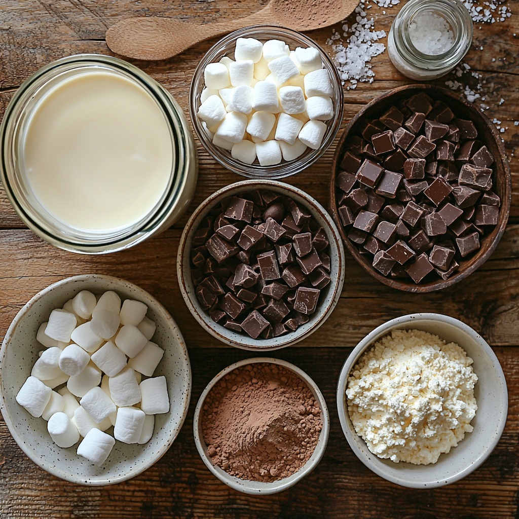 a clean, light wooden surface with all main ingredients for crockpot hot chocolate neatly arranged in an inviting flat lay: a large glass measuring cup filled with creamy whole milk, a small bowl of thick heavy cream beside it, a vintage can of sweetened condensed milk opened to reveal its rich, glossy texture, a rustic white bowl heaped with glossy semi-sweet chocolate chips, a small ceramic dish of fine unsweetened cocoa powder with a soft matte texture, a tiny glass jar of vanilla extract showing its amber liquid, and a small pinch bowl sprinkled with fine white salt. Optional toppings include a delicate bowl of fluffy mini marshmallows and a swirl of whipped cream in a white ramekin. The arrangement is balanced with contrasting textures and warm, cozy tones of cream, chocolate brown, and soft white, accented by natural light that highlights the creamy, smooth, and powdery elements, styled with minimal rustic props like a wooden spoon and natural linen napkin nearby, creating a cozy, inviting atmosphere. overhead shot, top down view, flat lay photography, professional food styling --ar 1:1 --q 2 --s 750 --v 6.1