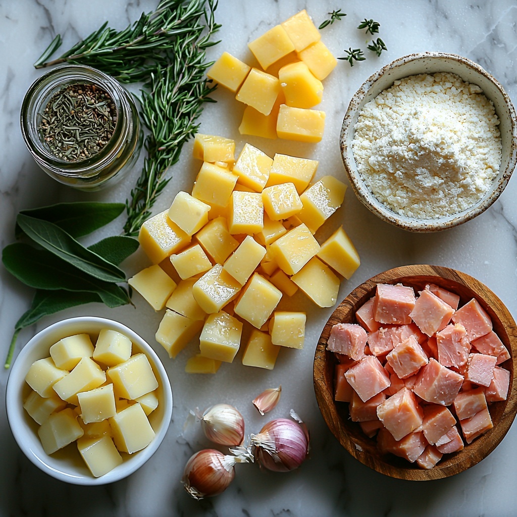Yukon Golden potatoes peeled and cut into cubes, scattered alongside a small pile of diced yellow onion and diced celery on a clean white marble surface; 3 whole garlic cloves with papery skins intact arranged near a small mound of golden unsalted butter in tablespoons; a neat heap of pale beige all-purpose flour on a delicate white ceramic dish; a clear glass measuring cup filled with creamy half and half, with a small splash poured beside it; a white bowl with low sodium chicken broth showcasing warm amber tones; dried herbs including a small pinch of ground sage, a sprinkle of onion powder, and a few dried thyme leaves artistically spread nearby; a single fresh green bay leaf placed carefully for natural detail; diced pink ham cubes with soft marbling arranged in a small wooden bowl; a rustic pile of bright orange shredded cheddar cheese with a soft texture; and finely chopped fresh chives with vivid green color placed in a small white ramekin. The ingredients are arranged symmetrically with natural spacing to highlight textures and colors, all on a pristine, bright surface with soft natural daylight casting gentle shadows. The composition balances warm golden tones of butter, potatoes, and cheese with fresh green accents and subtle earth tones from herbs and broth, styled with wooden and ceramic props for a cozy, artisanal feel. overhead shot, top down view, flat lay photography, professional food styling --ar 1:1 --q 2 --s 750 --v 6.1