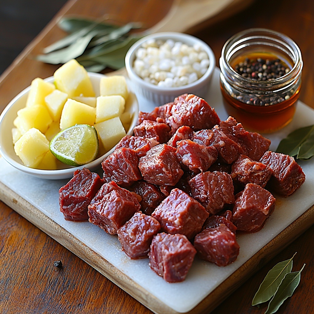 4 pounds beef chuck roast cut into 3-inch chunks, raw red marbled meat pieces arranged neatly; bright yellow diced onion in a small white bowl; finely diced dark red chipotles in adobo sauce spooned onto a rustic wooden board; five peeled garlic cloves scattered naturally; a small glass bowl of fresh lime juice glowing vibrant greenish-yellow; a small bottle or jar of apple cider vinegar with warm amber tones; small piles of ground cumin (earthy brown), dried oregano (muted green), kosher salt (white crystals), ground black pepper (dark specks), and ground cloves (deep brown) artfully placed in tiny ceramic bowls; a clear glass cup filled with rich, dark beef stock; three glossy green bay leaves arranged delicately; all ingredients displayed on a clean white marble surface with soft natural light creating gentle shadows, emphasizing textures and freshness, styled with minimal rustic props like a wooden spoon and linen napkin, overhead shot, top down view, flat lay photography, professional food styling --ar 1:1 --q 2 --s 750 --v 6.1