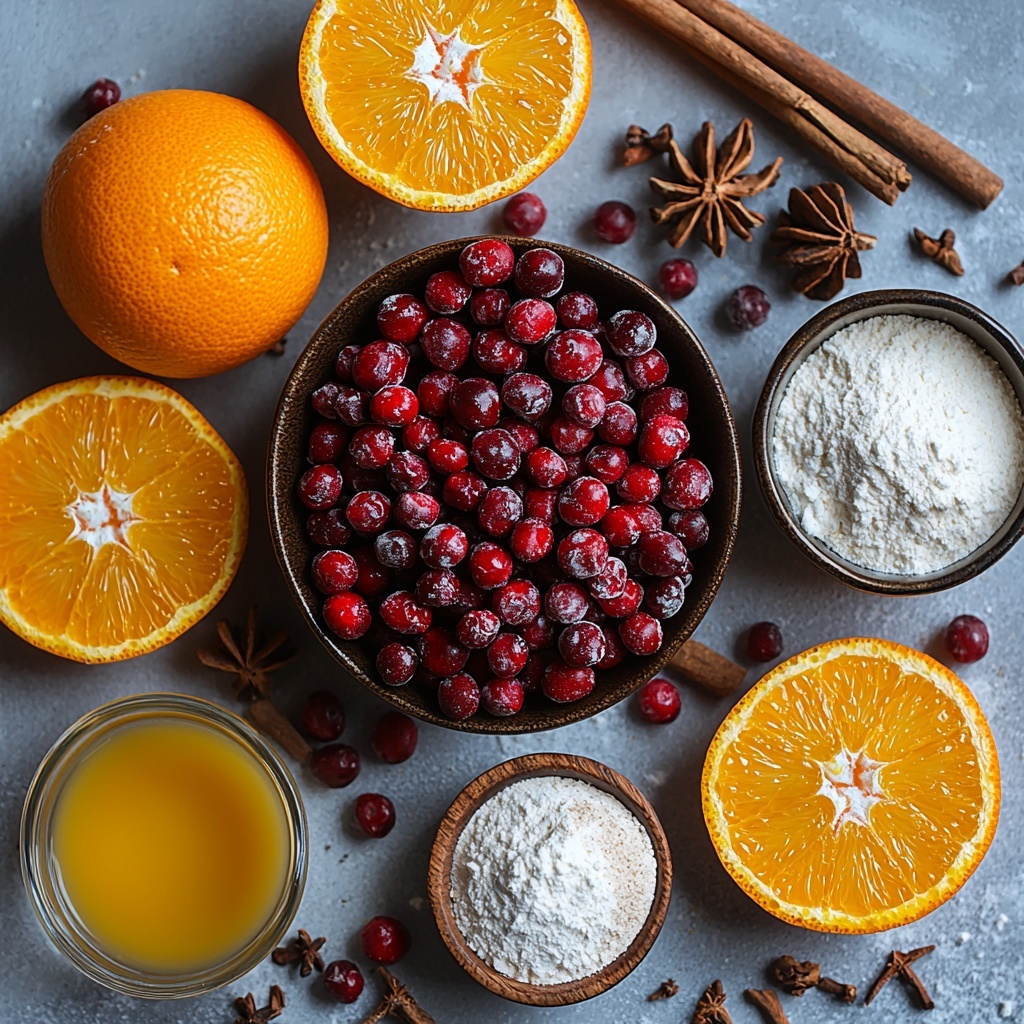 Cranberries, bright red dried clusters with wrinkled texture, scattered slightly; fresh whole oranges and orange halves showing vibrant orange peel with textured zest; small bowl of golden brown light brown sugar granules; white granulated sugar piled neatly in a small glass bowl; sticks and small chunks of soft golden unsalted butter; cracked open eggs with visible yolks and whites in a rustic bowl; packages of dry yeast with fine granules spilled artfully; heap of all-purpose flour creating soft white powder with slight fluffy texture on the surface; cinnamon powder in a small ceramic dish, warm brown color and fine texture; wooden spoon with some granulated sugar and cinnamon resting on the side; a measuring cup of lukewarm water with subtle steam haze; powdered sugar in a delicate heap with a ceramic spoon; fresh orange zest curls scattered lightly on the surface; a small bowl filled with orange juice with a glossy liquid sheen. All ingredients are carefully arranged on a clean, matte white surface with soft natural light highlighting the varied textures and rich autumnal colors, accented by warm wooden and ceramic props, gently diffused shadows, and minimalistic styling to emphasize freshness and homely warmth. Overhead shot, top down view, flat lay photography, professional food styling --ar 1:1 --q 2 --s 750 --v 6.1
