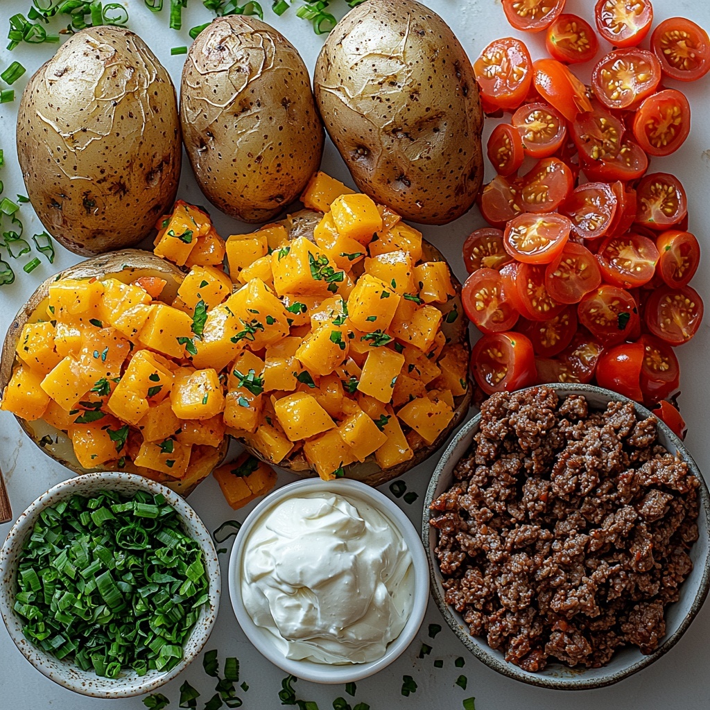A clean white or light wooden surface neatly arranged with all the main ingredients for taco loaded baked potatoes: whole medium Russet potatoes with rough brown skin, a small mound of lean ground beef cooked and browned with a rich deep brown color, a small bowl of vibrant orange-yellow sharp cheddar cheese shredded finely, a dollop of smooth white sour cream in a small ceramic bowl, a handful of bright green chopped green onions scattered loosely, fresh diced red tomatoes with juicy texture placed in a white ramekin, and a small packet of taco seasoning with bold text visible. The ingredients are spaced evenly with natural soft daylight highlighting the varied textures — the rough potato skins, crumbly cheese shreds, creamy sour cream, and moist, tender beef. Utensils like a small wooden spoon and a rustic fork are casually placed nearby for styling balance. The composition is airy and clean with minimal shadows, colors vivid and inviting, styled for an appetizing and organized flat lay image. overhead shot, top down view, flat lay photography, professional food styling --ar 1:1 --q 2 --s 750 --v 6.1