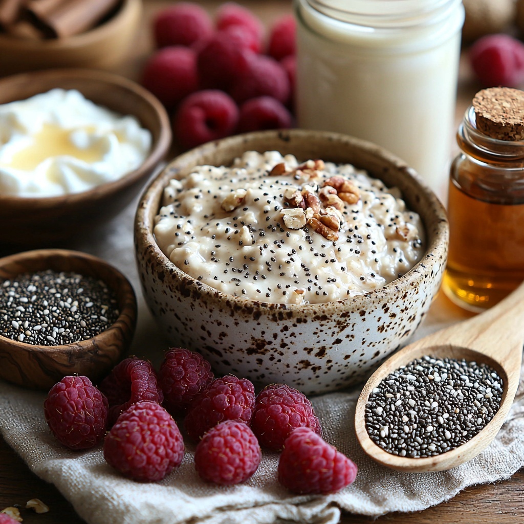 steel cut oats in a small rustic bowl with visible coarse texture, glass jar of chia seeds showing tiny black and white seeds scattered nearby, small dish of warm brown ground cinnamon powder gently fanned out, pinch of coarse sea salt crystals beside cinnamon, two cups of creamy almond milk in a clear glass pitcher with smooth surface, small bottle of vanilla extract with amber liquid and a cork stopper, frozen raspberries with vivid deep red and rich purple hues arranged loosely on a natural linen cloth, spoonful of golden nut butter with creamy swirls on a wooden spoon, small bowl of thick white Greek yogurt with a silky texture topped with a few fresh raspberry seeds, drizzle of amber maple syrup pooling beside fresh mixed nuts and seeds with varied textures and earthy tones, all items neatly spaced on a clean light wooden surface with soft natural daylight illuminating from the side, subtle shadows creating depth, minimalistic and warm styled overhead shot, top down view, flat lay photography, professional food styling --ar 1:1 --q 2 --s 750 --v 6.1