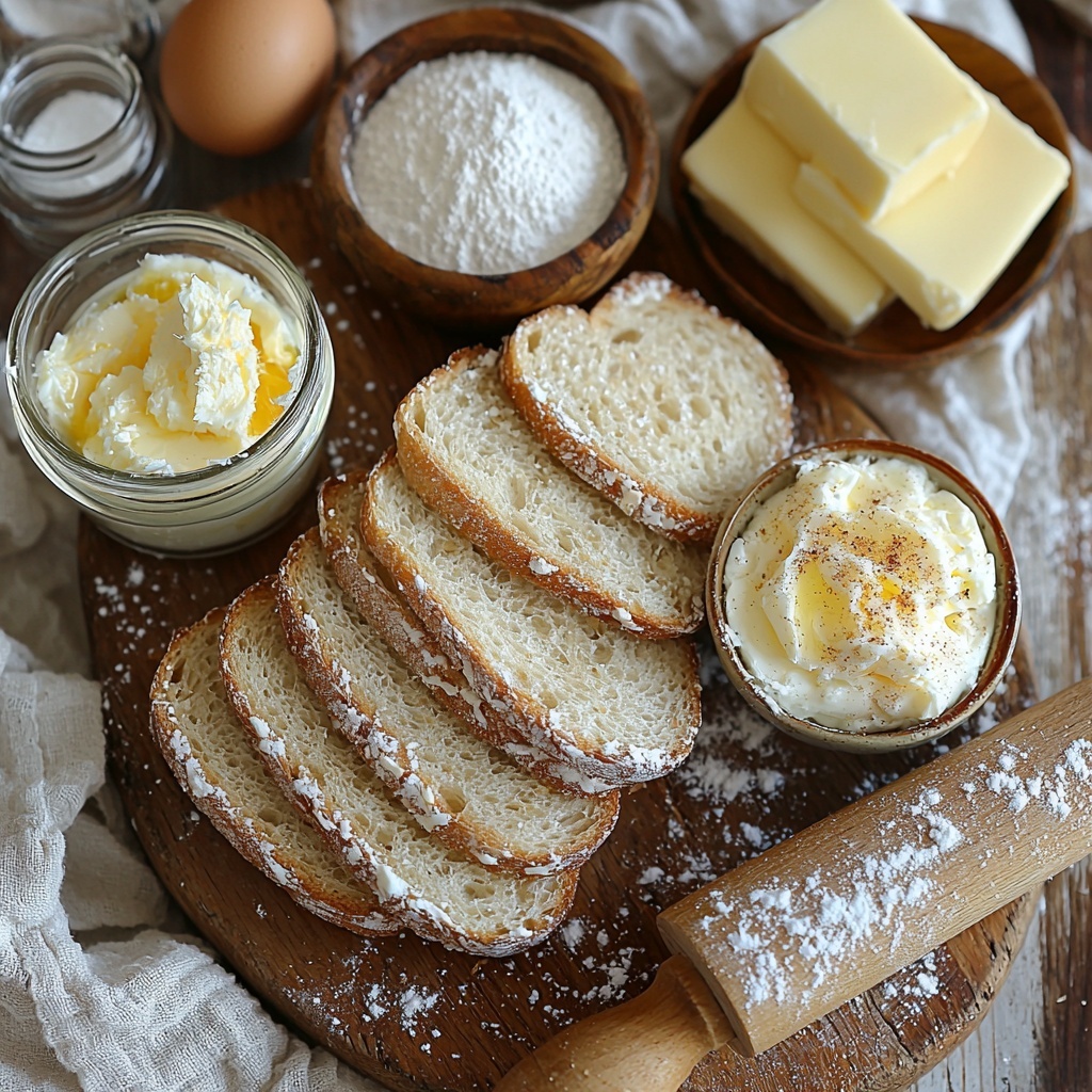 white bread slices with crusts removed neatly stacked, small glass bowl of creamy white cream cheese, pat of unsalted butter with rich yellow color on vintage butter knife, small heap of powdery white icing sugar, tiny glass jar with light amber vanilla extract, rustic wooden plate holding golden brown softened butter, bowl filled with dark golden brown sugar crystals, small ceramic dish of warm brown cinnamon powder, separate white plate with beaten pale yellow egg mixed with creamy milk, shallow bowl of fine white caster sugar beside a scattering of cinnamon powder, rolling pin with smooth wooden texture resting beside flattened bread slices, all ingredients arranged artfully on a clean, light natural wood surface with soft natural daylight casting gentle shadows, emphasis on contrasting textures—from soft bread to crystalline sugars and creamy butter, color palette warm and inviting with creams, browns, and subtle yellow highlights, minimalistic props, delicate linen napkin casually folded, overhead shot, top down view, flat lay photography, professional food styling --ar 1:1 --q 2 --s 750 --v 6.1