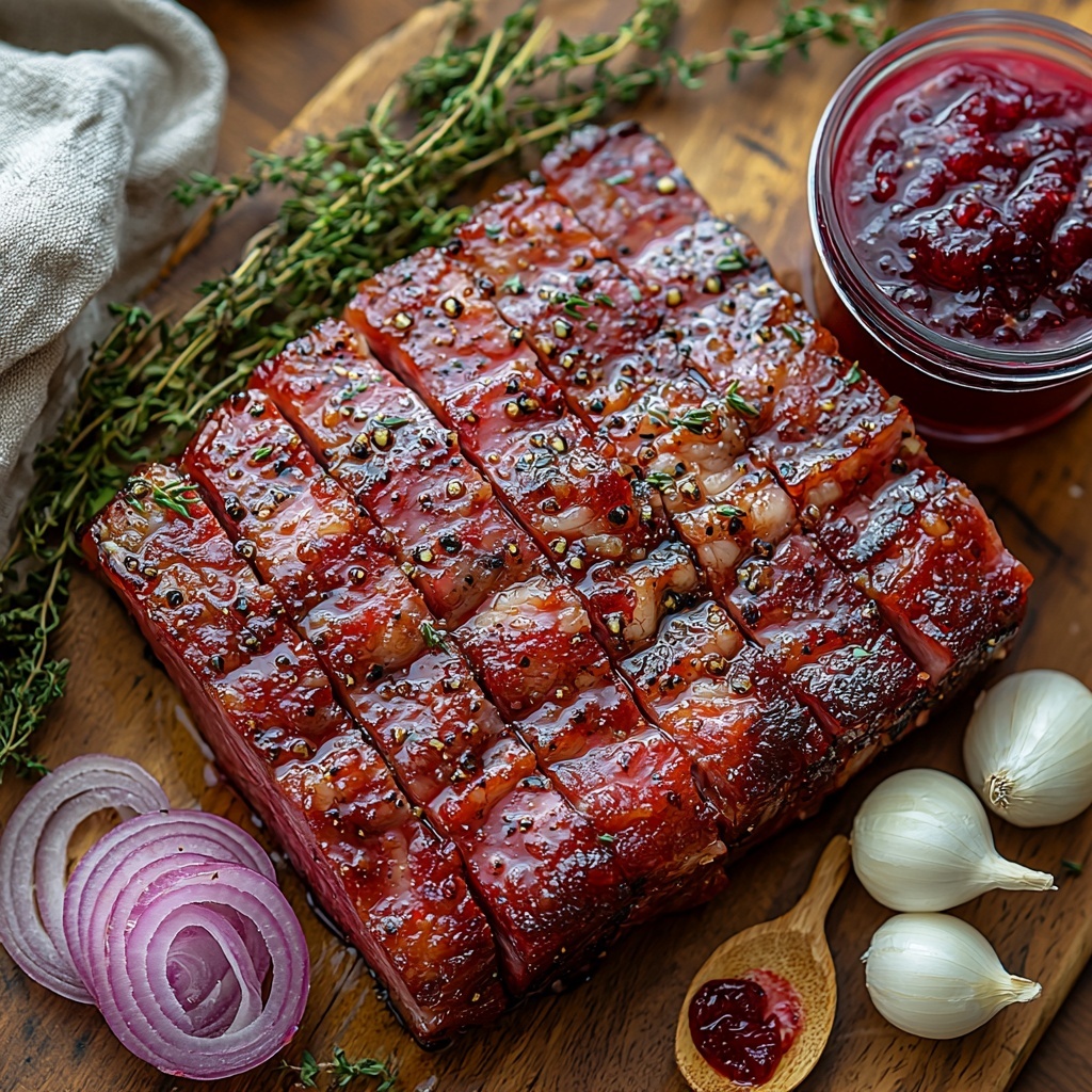 beef brisket slab with rich marbling, raw and seasoned with coarse salt, black pepper, fresh thyme sprigs, and rosemary needles, a glossy can of bright red cranberry sauce opened with some sauce spilling slightly into a small white bowl, a glass bowl of dark reddish beef broth with a smooth surface, thinly sliced translucent white onion rings arranged neatly in a small pile, two plump cloves of garlic minced finely on a small wooden spoon, all ingredients carefully spaced on a clean, light wood surface to emphasize natural textures and colors, soft natural light highlighting the glossy meat and vibrant cranberry sauce, subtle shadows for depth, minimal rustic props like a clean linen napkin and simple ceramic bowls to enhance the cozy, home-cooked feel, overhead shot, top down view, flat lay photography, professional food styling --ar 1:1 --q 2 --s 750 --v 6.1