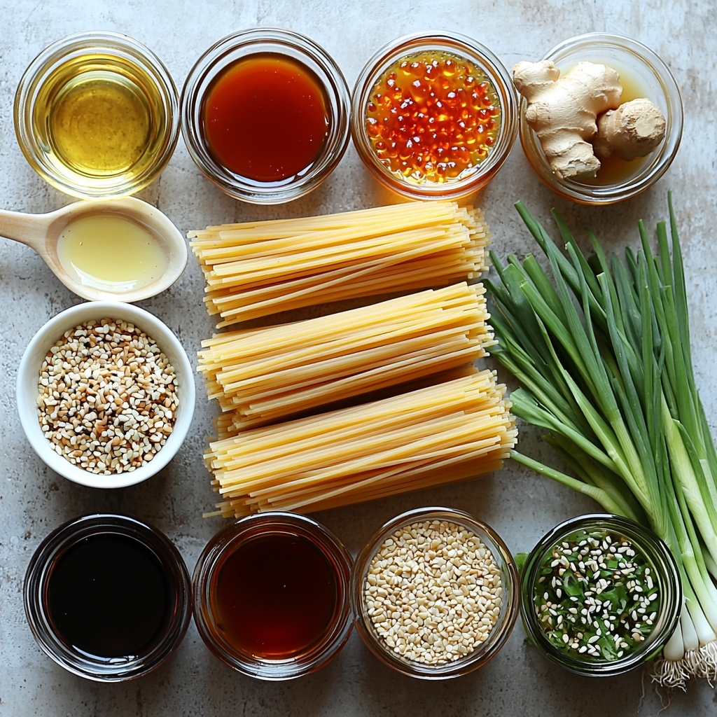 12 ounces spaghettini pasta arranged in a neat coil showing thin, long strands with a smooth, pale yellow texture; creamy peanut butter in a small white ceramic bowl displaying its rich, glossy tan surface; a clear glass bowl with dark brown, glossy soy sauce; a small glass container holding translucent, pale golden rice vinegar; a tiny dish with amber-colored sesame oil reflecting light; a drizzle of golden honey pooling slightly in a small white spoon; a bright red sriracha sauce in a mini bowl with a smooth, shiny texture; two cloves of garlic, whole and minced, off-white with a papery outer skin beside a small heap of finely minced garlic; a piece of fresh ginger root with light brown skin alongside a small pile of freshly grated pale yellow ginger; 6 tablespoons of warm water shown in a small clear glass; two vibrant green onions with crisp, long dark green leaves and white bulbs, some chopped and some whole; all ingredients are arranged artfully with balanced spacing on a clean, matte white surface, emphasizing natural colors and textures, bright natural light casting soft shadows, minimalistic but inviting composition, overhead shot, top down view, flat lay photography, professional food styling --ar 1:1 --q 2 --s 750 --v 6.1