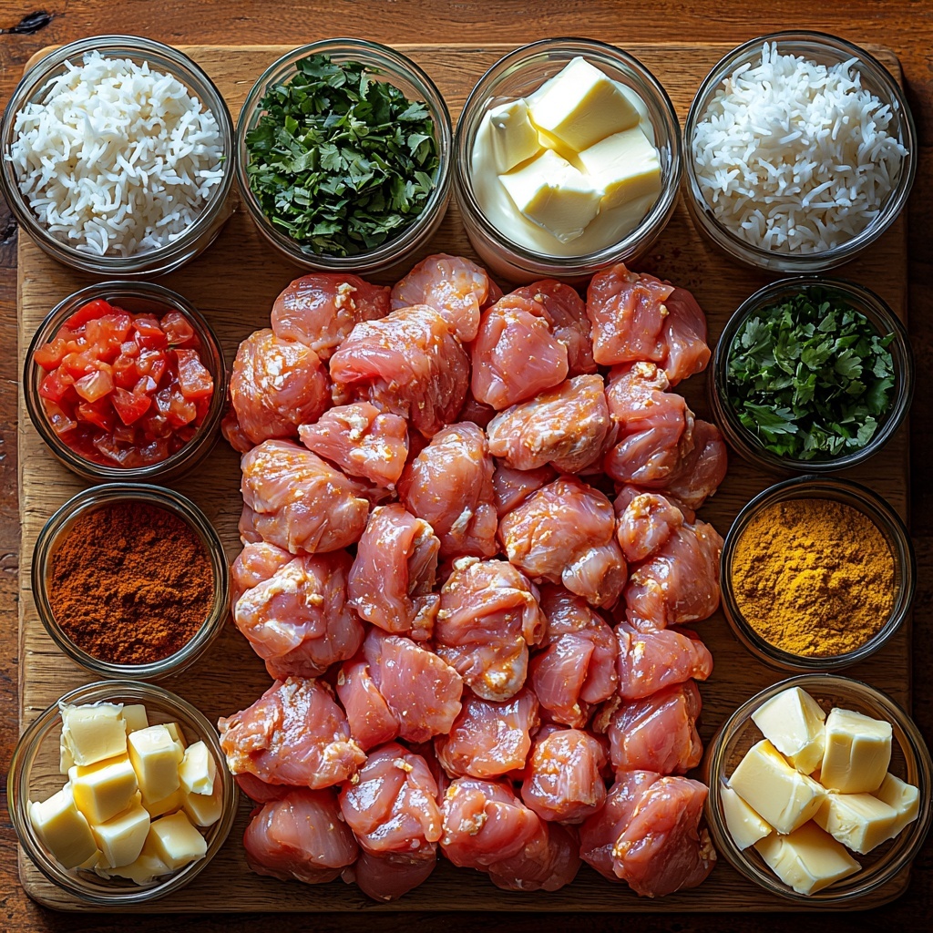 A clean, light wooden surface with all main ingredients for crockpot butter chicken beautifully arranged in a balanced flat lay. Centered are raw boneless skinless chicken thighs, light pink and plump. Surrounding them clockwise are: a small bowl of finely diced bright yellow onion with translucent edges; a dollop of smooth golden ginger paste next to finely minced white garlic; a can partially open showing vibrant red diced tomatoes; several rustic chunks of creamy pale yellow unsalted butter; a small glass pitcher of rich white heavy cream; a small bowl with melted golden coconut oil; a trio of tiny bowls each holding warm-toned spices—smoked paprika deep red, ground cumin earthy brown, ground turmeric bright mustard yellow; another bowl with mixed garam masala in warm brown hues; a tiny pinch bowl of fiery red pepper flakes; a small bowl of fine white sugar crystals; and a small rustic bowl of fresh bright green chopped cilantro leaves. Off to the side, warm golden naan pieces and a cup of fluffy white cooked rice add texture contrast. Soft natural light highlights the vibrant colors and varied textures—glossy, smooth, granular, and fresh. Shadows are gentle, enhancing depth and richness. Overhead shot, top down view, flat lay photography, professional food styling --ar 1:1 --q 2 --s 750 --v 6.1